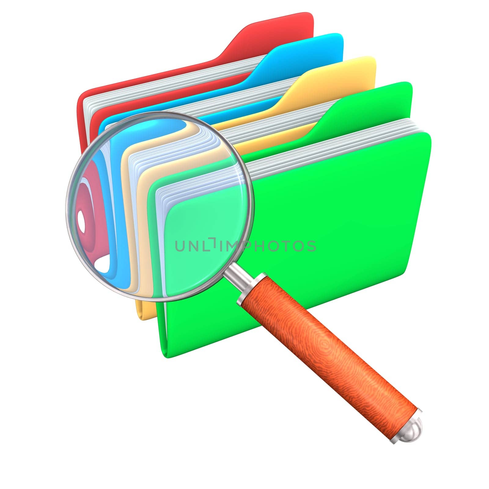 Big loupe with 4 folders. White background.