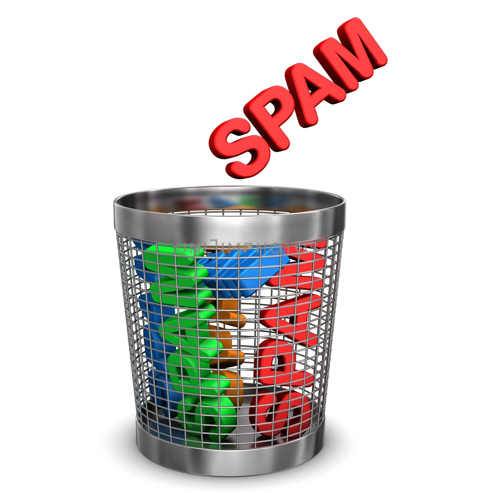 A full wastebasket with spam. White background.