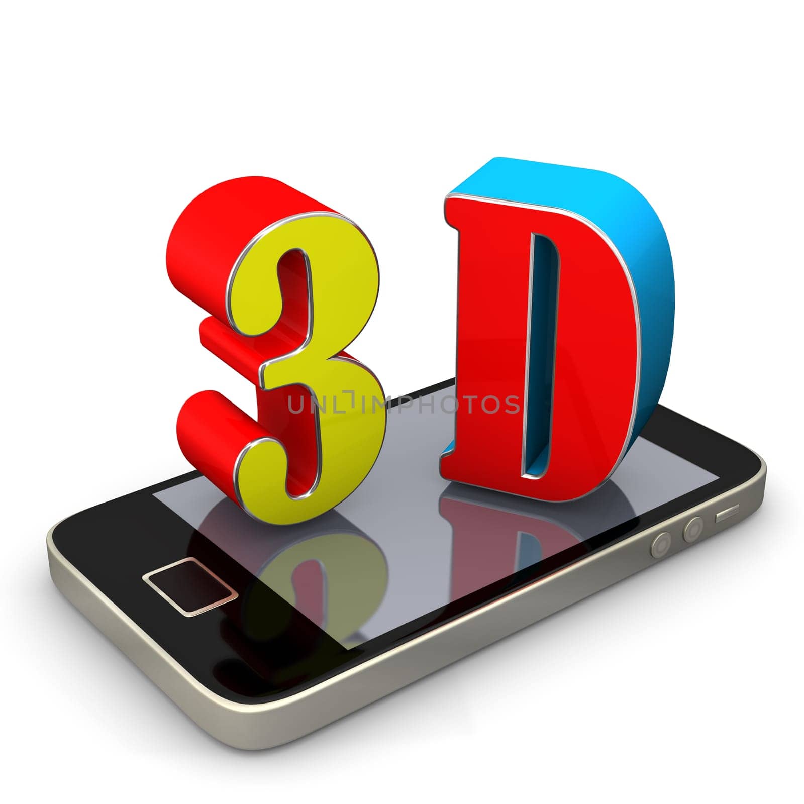 Smartphone with 3d text. White background.