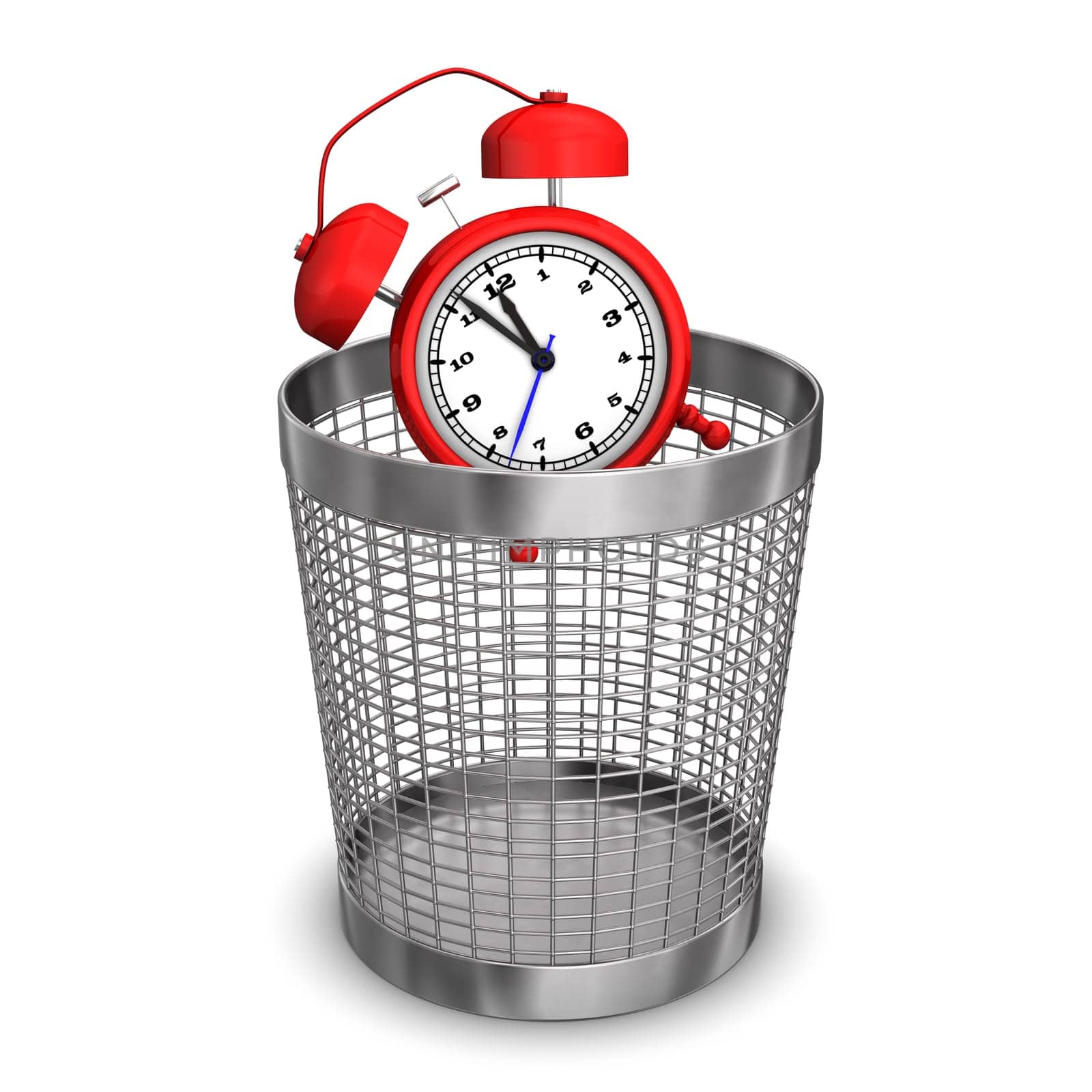 Red alarmer in wastebasket on the white background.