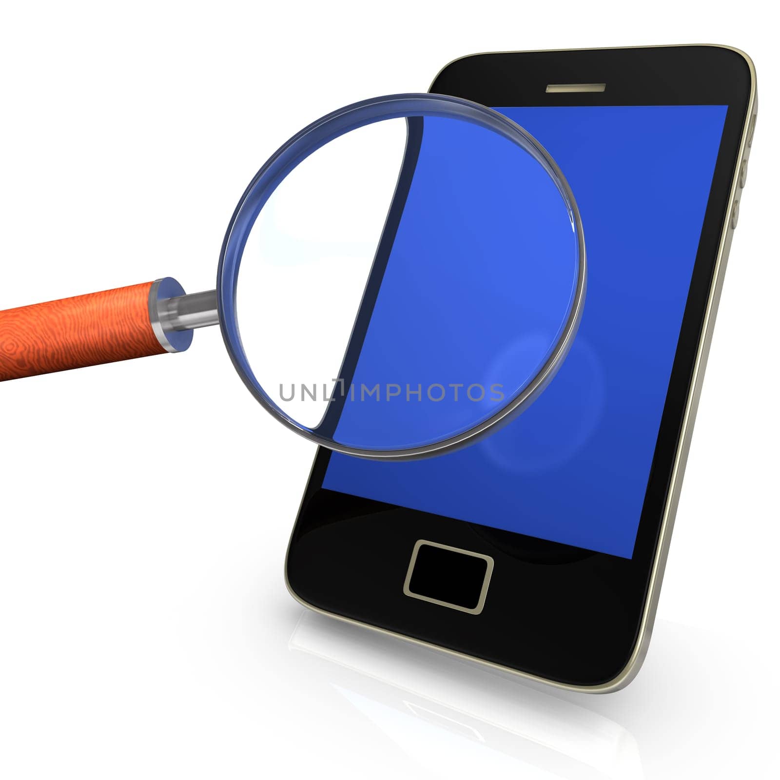 Black smartphone with loupe on the white background.