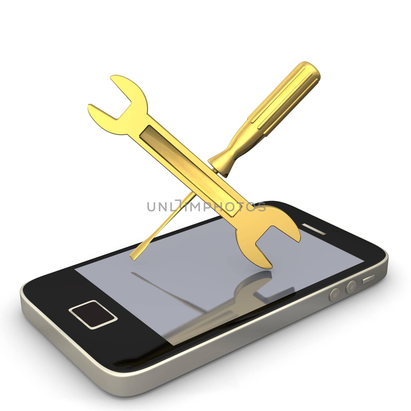 Smartphone with wrench and screwdriver. White background.