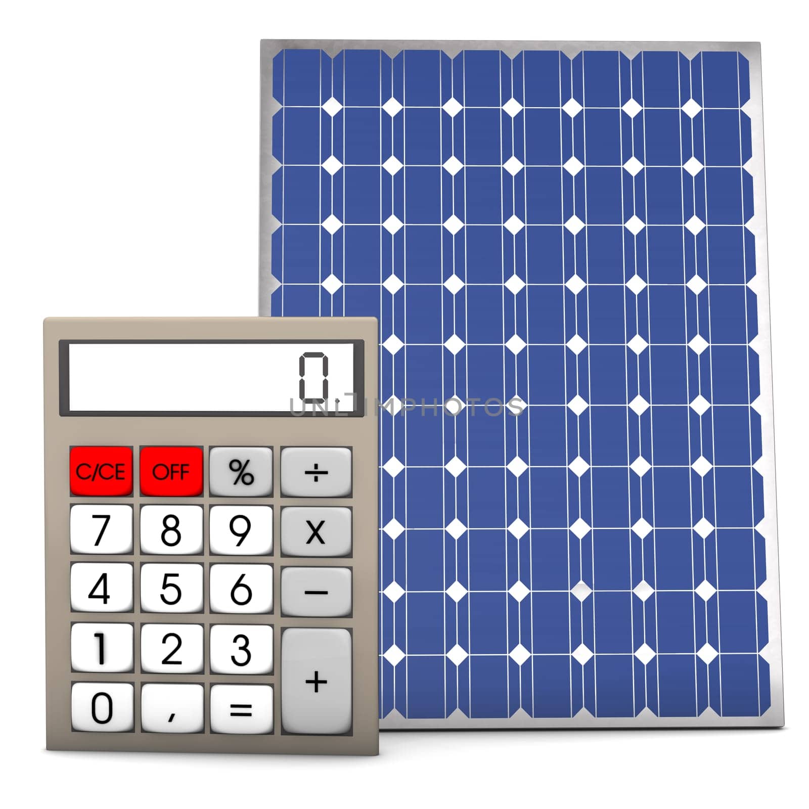 Calculator with solar panel on the white background.