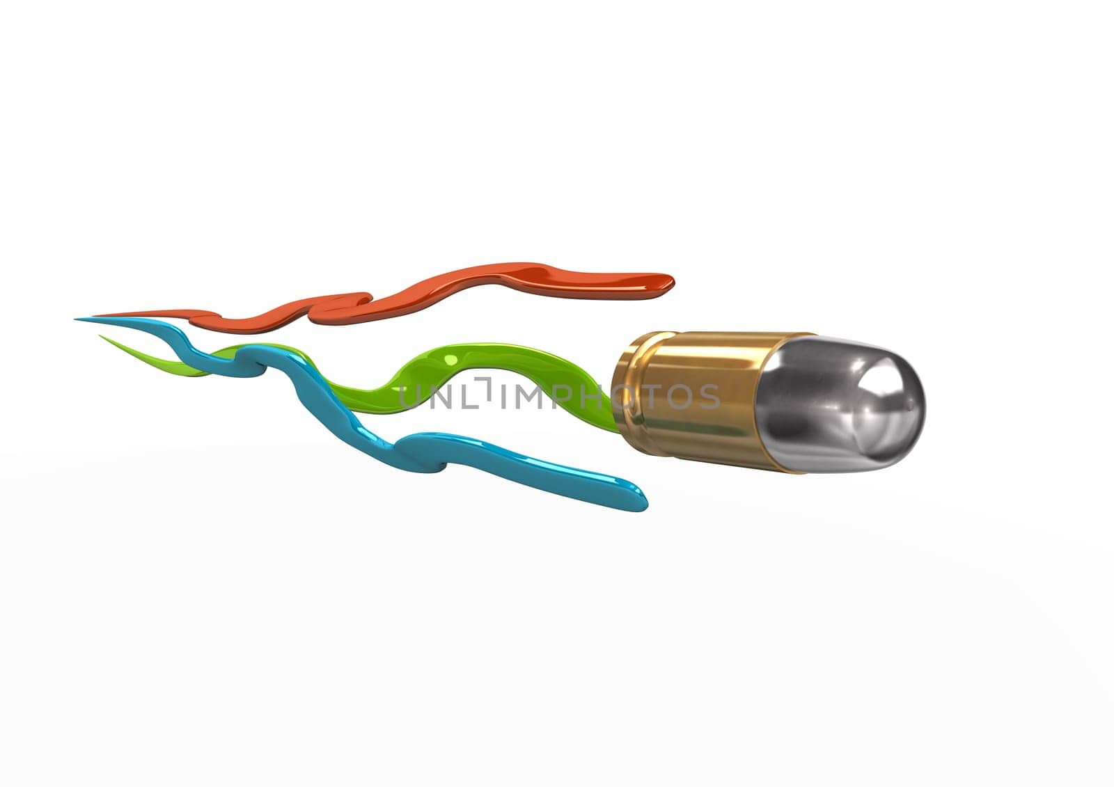 Bullet with gren, red and blue tail. White background.