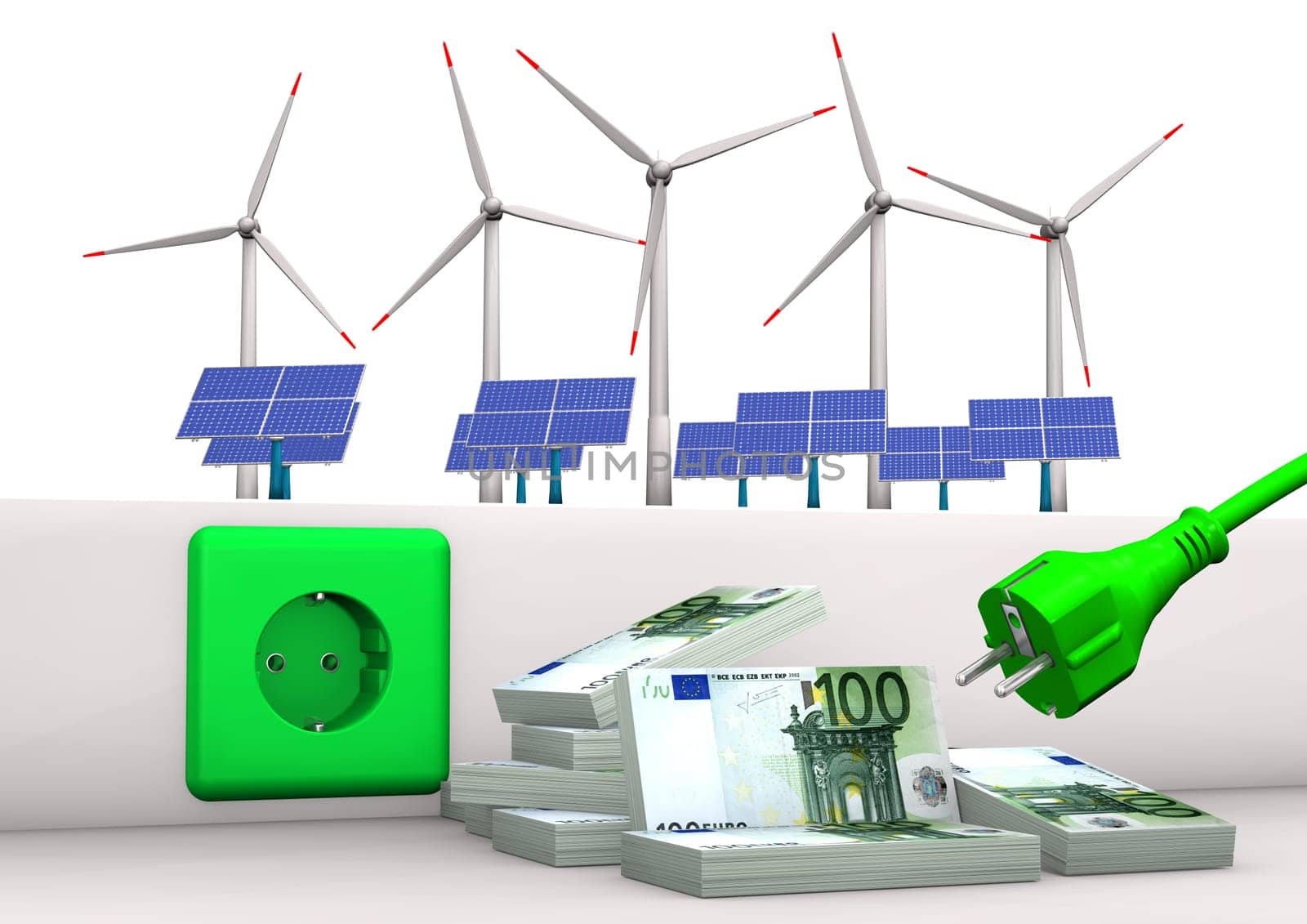 Green socket with green plug, euro banknotes, solar panels and wind towers. White background.