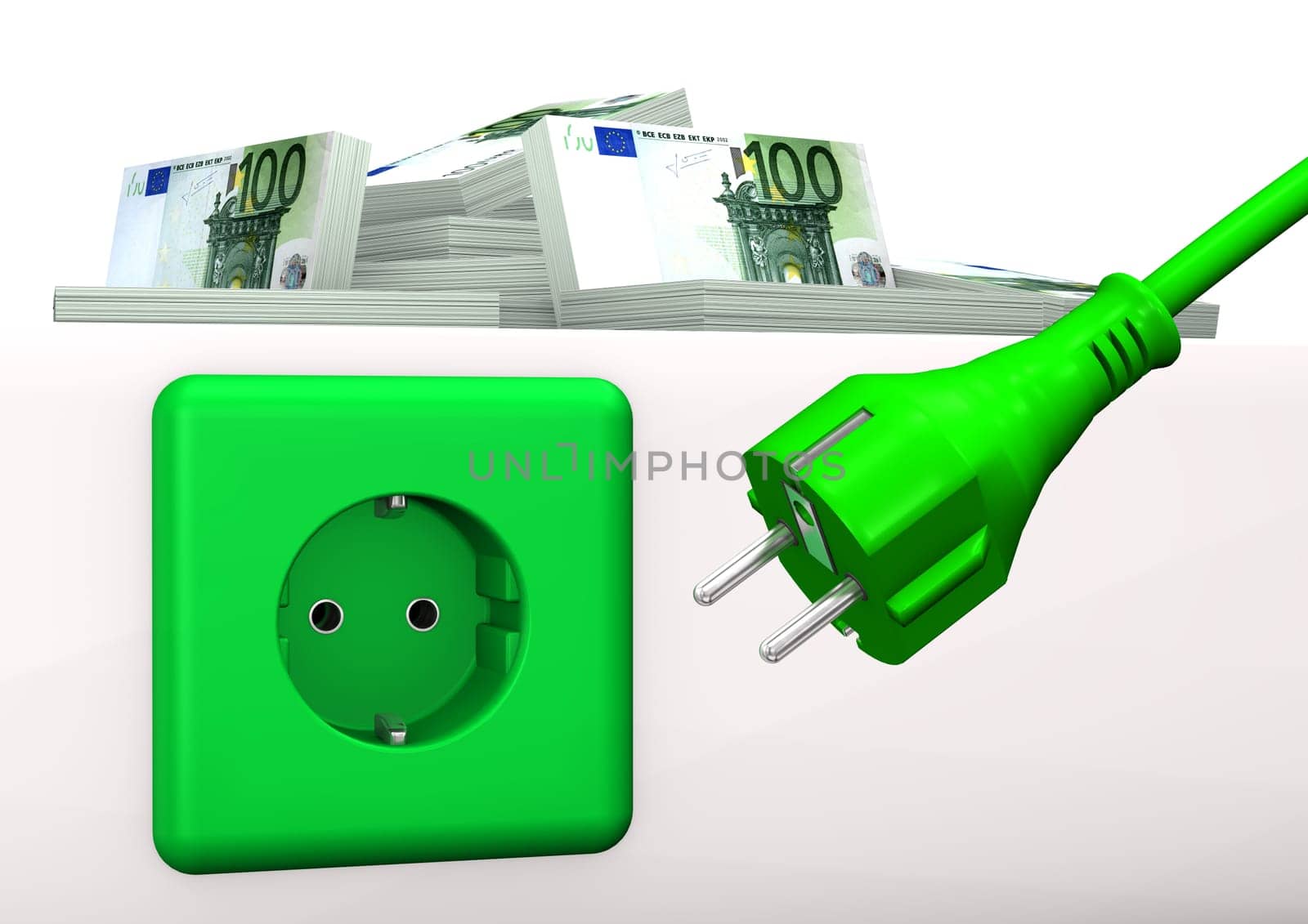 Green socket with green plug and euro banknotes. White background.
