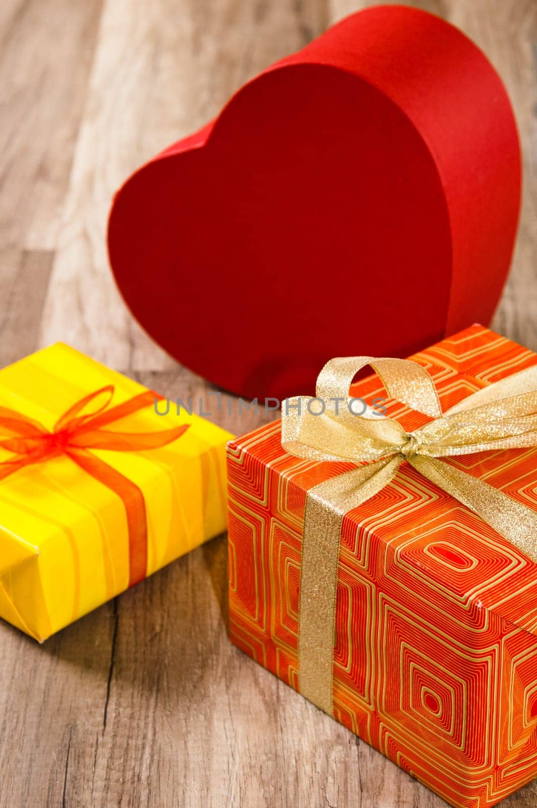 It is red yellow gift boxes, a close up