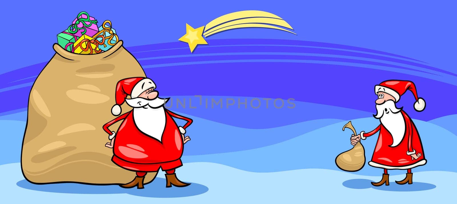 Greeting Card Cartoon Illustration of Santa Claus or Papa Noel with Sack full of Christmas Presents