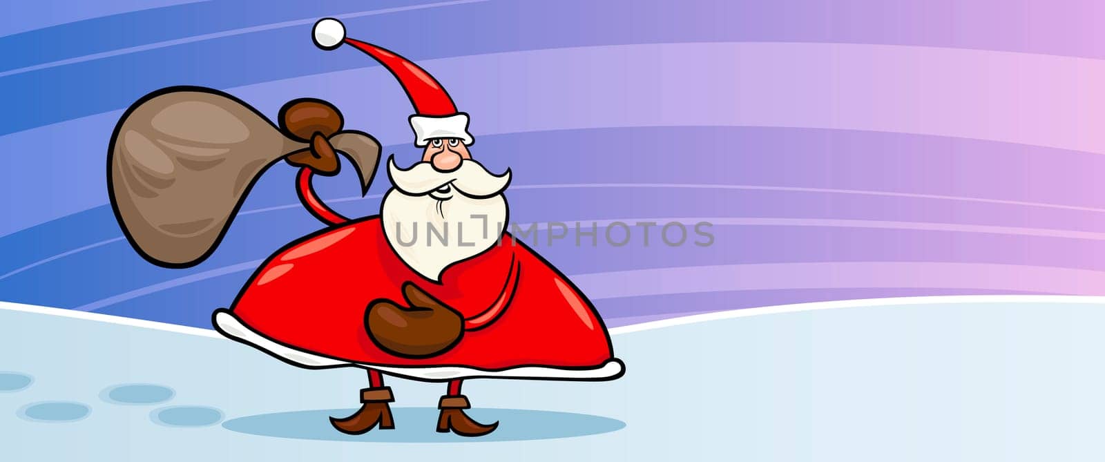Greeting Card Cartoon Illustration of Santa Claus or Papa Noel with Sack full of Christmas Presents