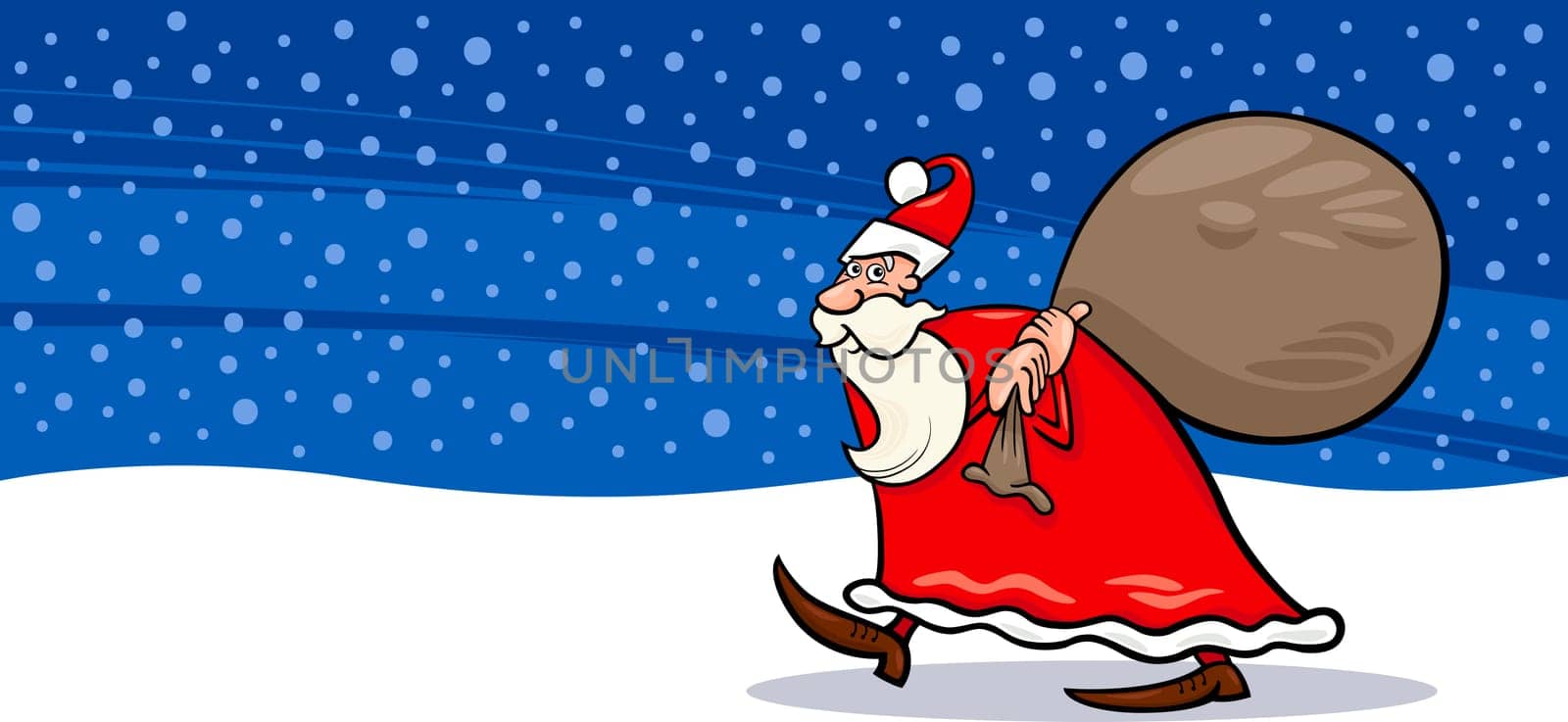 Greeting Card Cartoon Illustration of Santa Claus or Papa Noel with Sack full of Christmas Presents