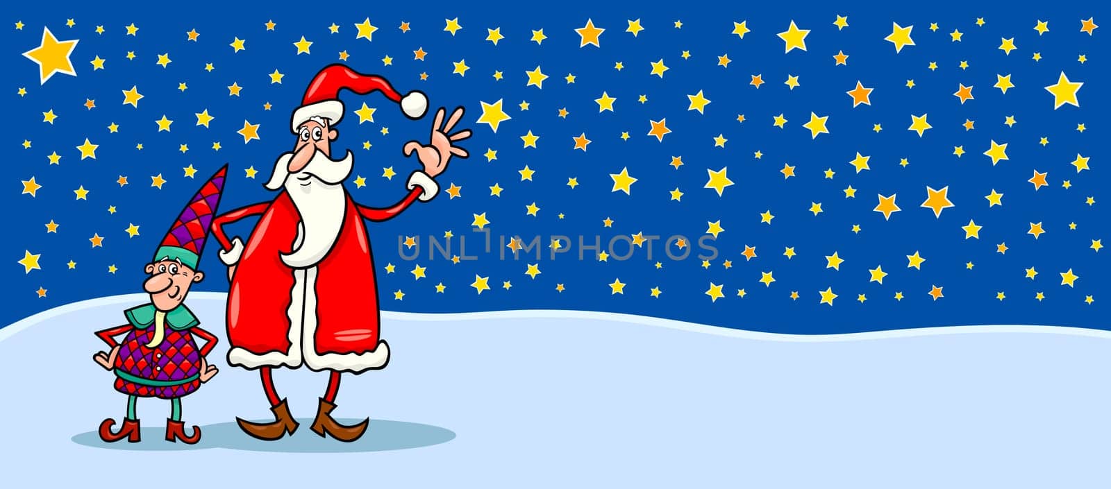Greeting Card Cartoon Illustration of Santa Claus or Papa Noel with Christmas Elf against evening Sky full of Stars