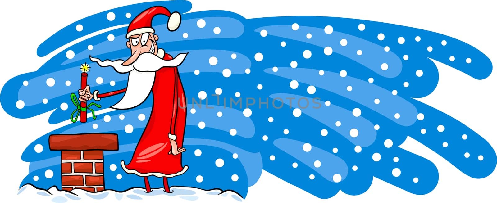 Greeting Card Cartoon Illustration of Bad Santa Claus or Papa Noel with Dynamite Stick on the Roof