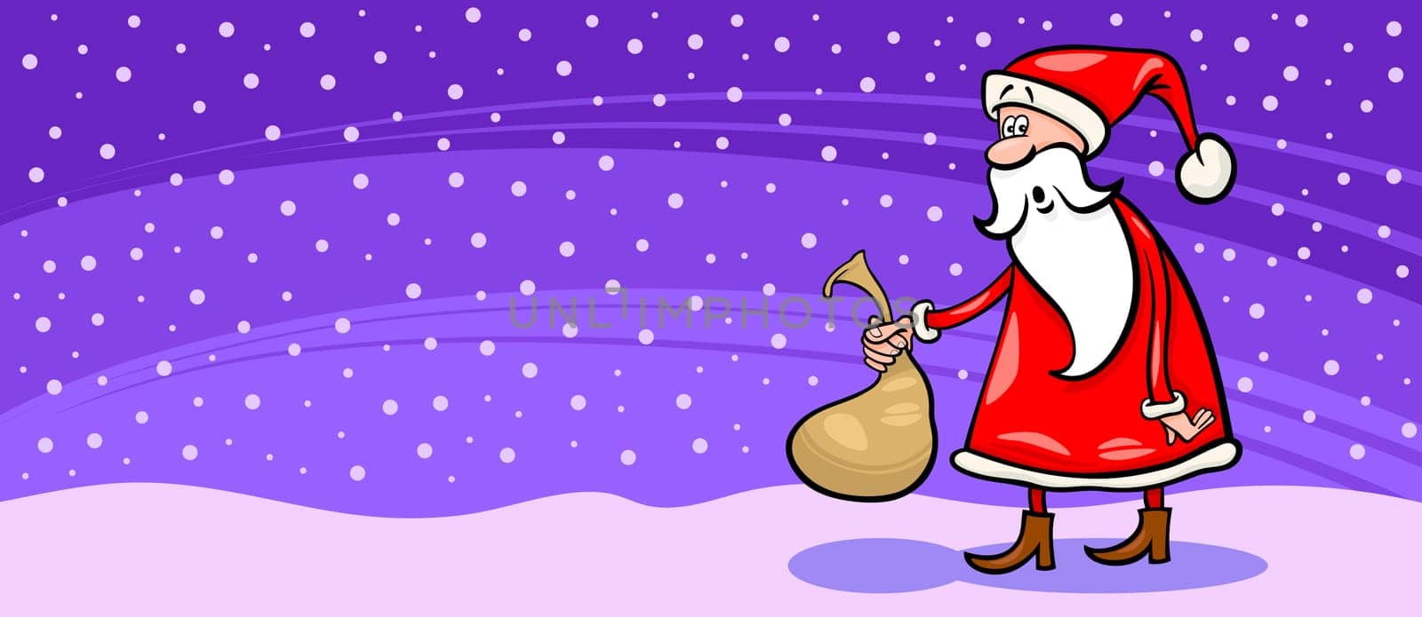 Greeting Card Cartoon Illustration of Santa Claus or Papa Noel with small Sack with Christmas Presents