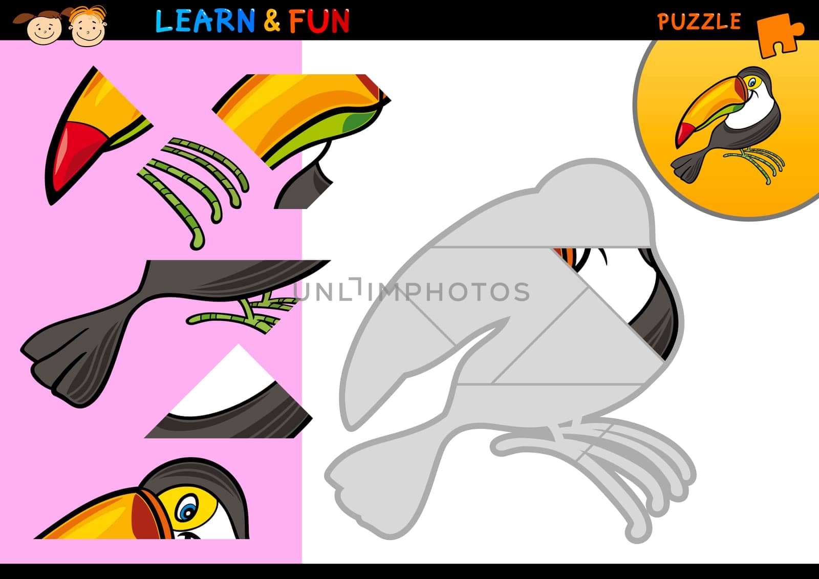 Cartoon Illustration of Education Puzzle Game for Preschool Children with Funny Toucan