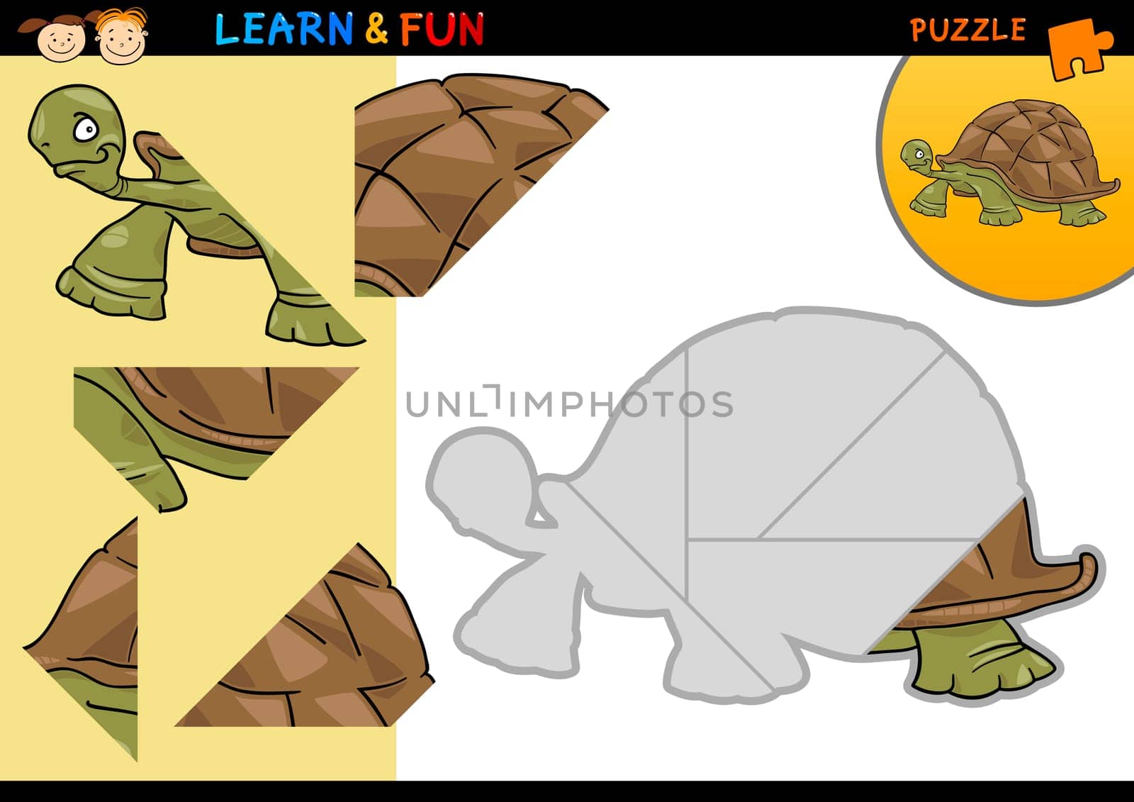 Cartoon Illustration of Education Puzzle Game for Preschool Children with Funny Turtle
