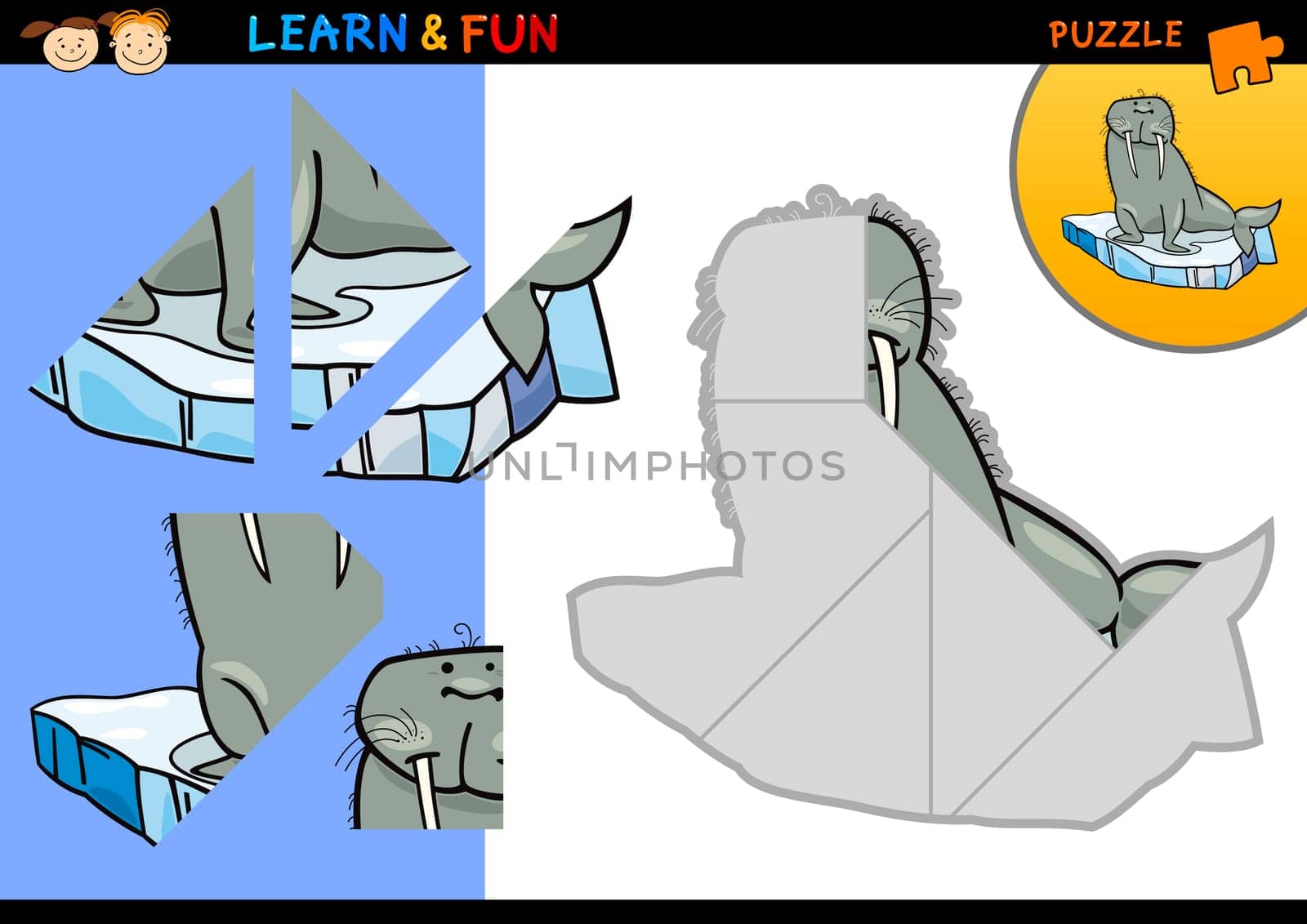Cartoon Illustration of Education Puzzle Game for Preschool Children with Funny Walrus