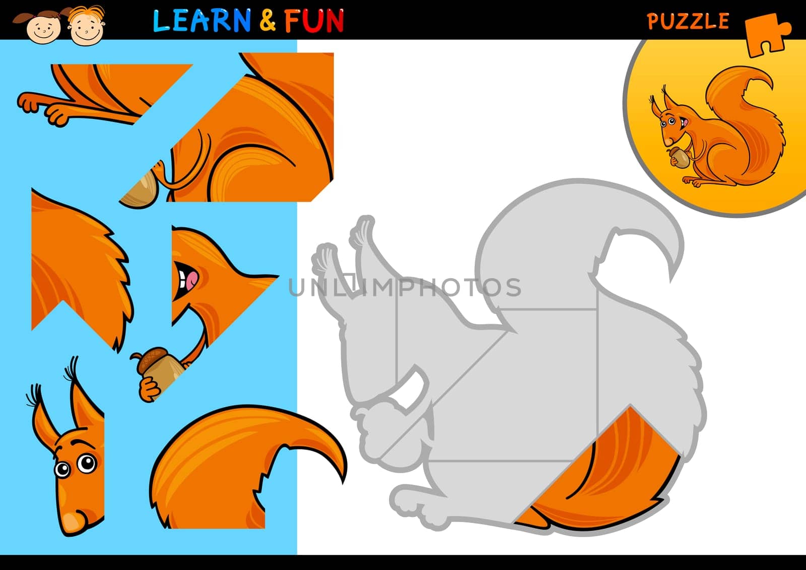 Cartoon Illustration of Education Puzzle Game for Preschool Children with Funny Squirrel