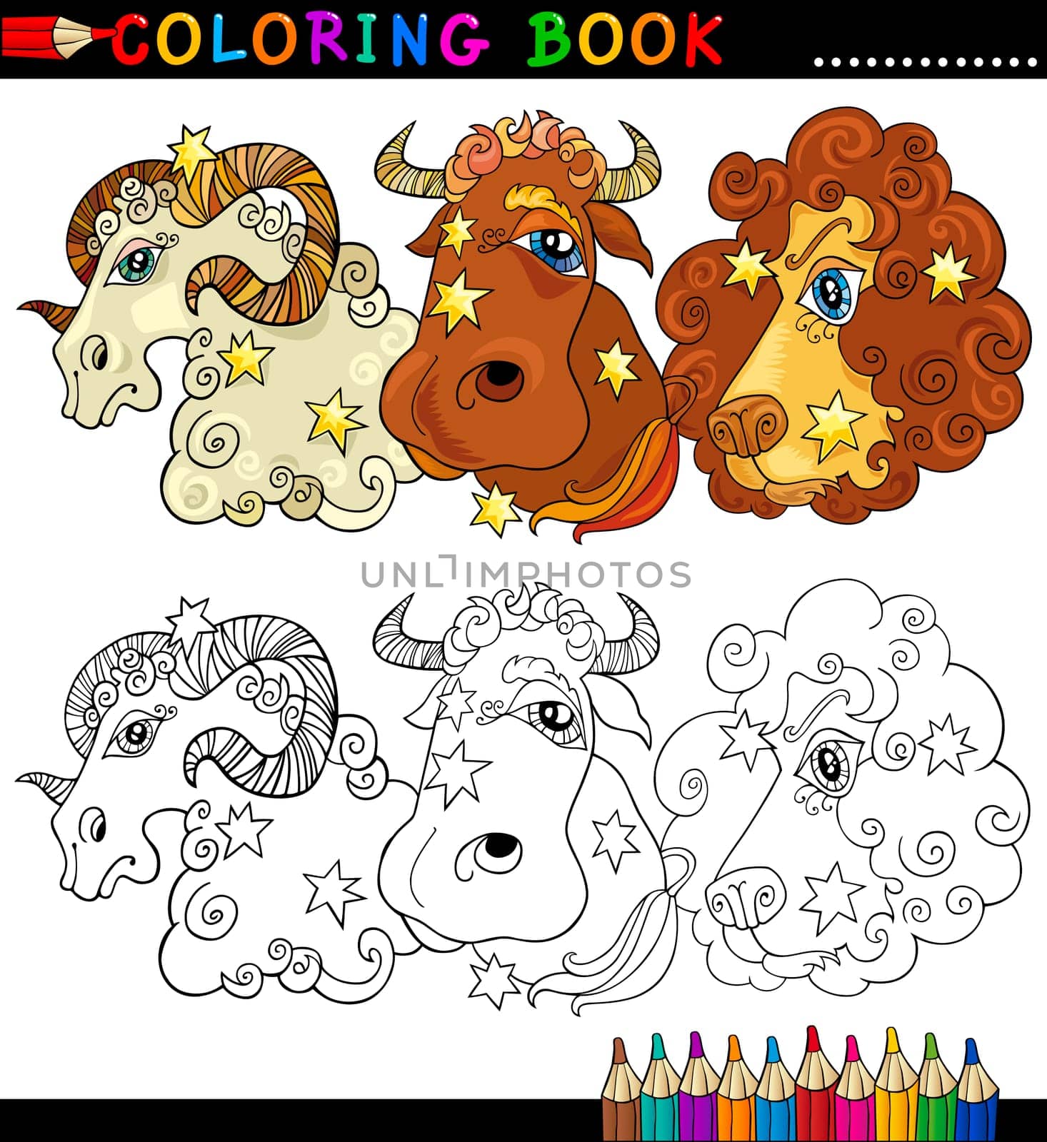 Coloring Book or Page Cartoon Illustration of Animals Fantasy Characters