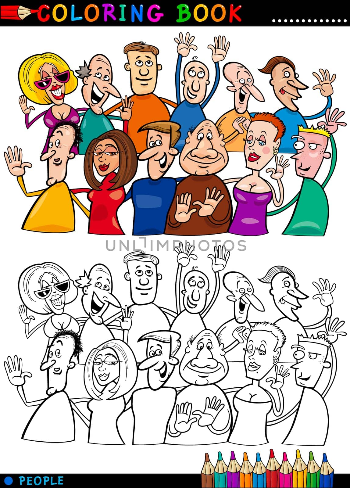 Coloring Book or Page Cartoon Illustration of Happy People Group having Fun and Laughing