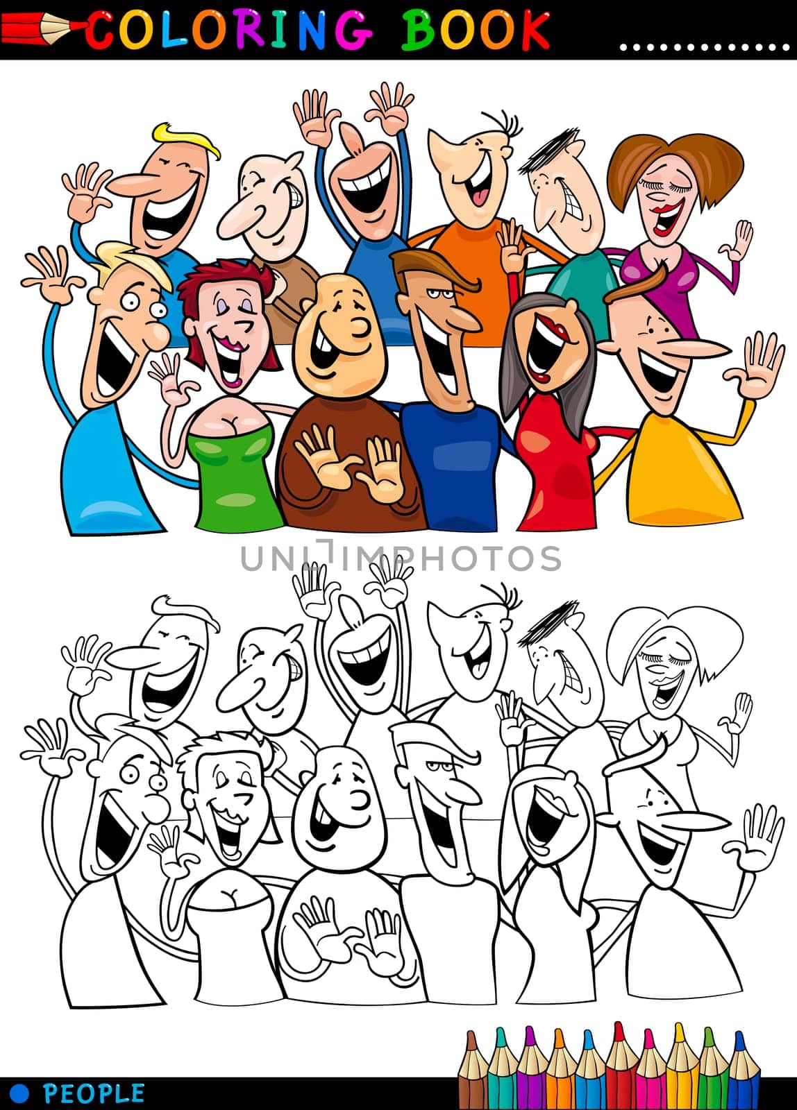 Coloring Book or Page Cartoon Illustration of Happy People Group having Fun and Laughing
