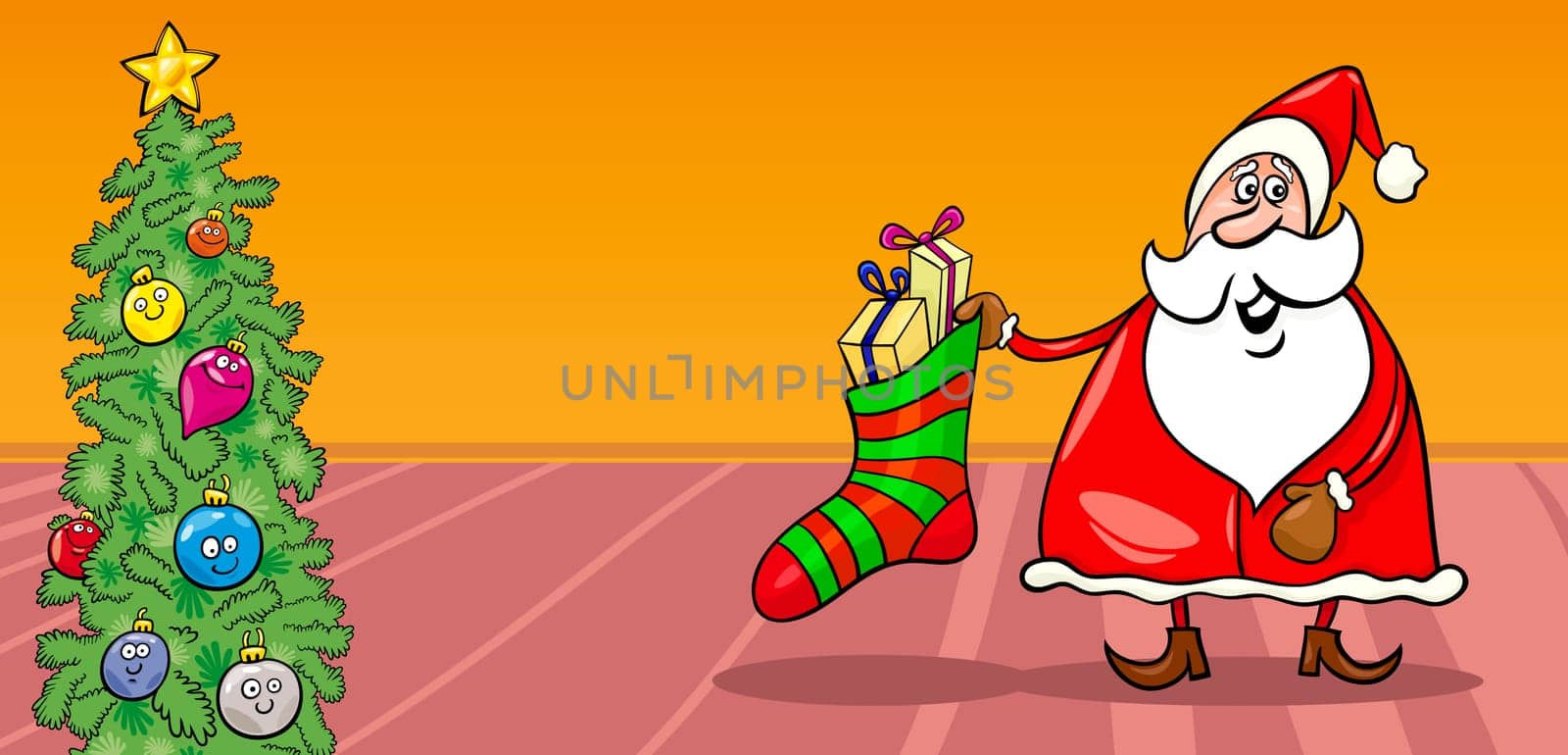 Greeting Card Cartoon Illustration of Santa Claus or Papa Noel with Sock full of Presents and Christmas Tree