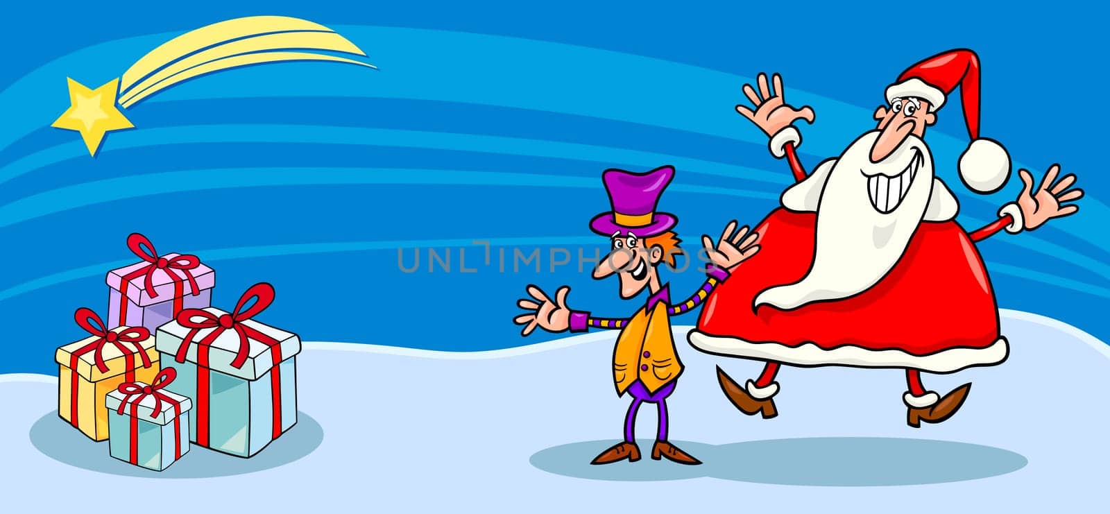 Greeting Card Cartoon Illustration of Santa Claus or Papa Noel with Christmas Elf and Presents