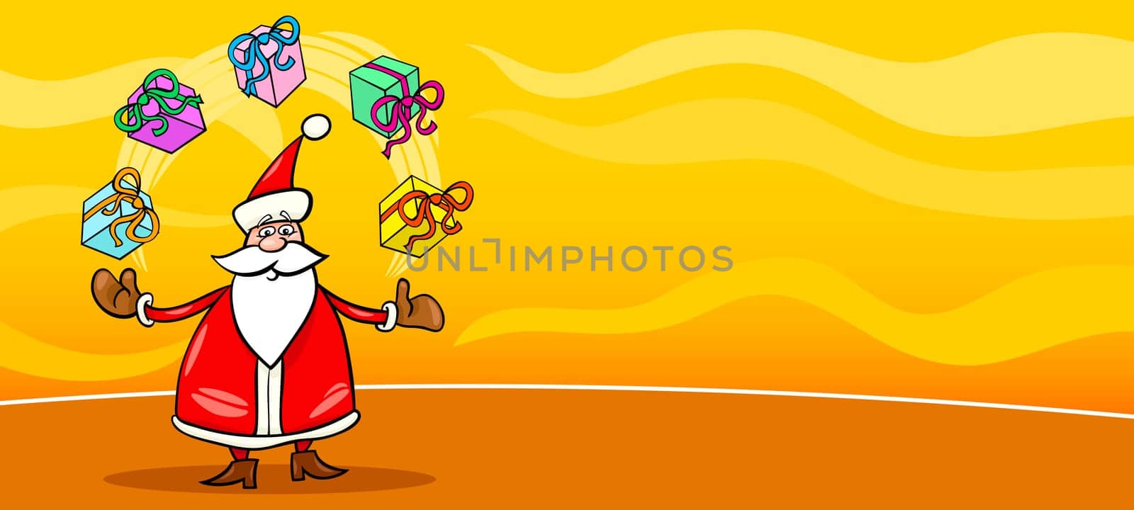 Greeting Card Cartoon Illustration of Santa Claus or Papa Noel with Christmas Presents