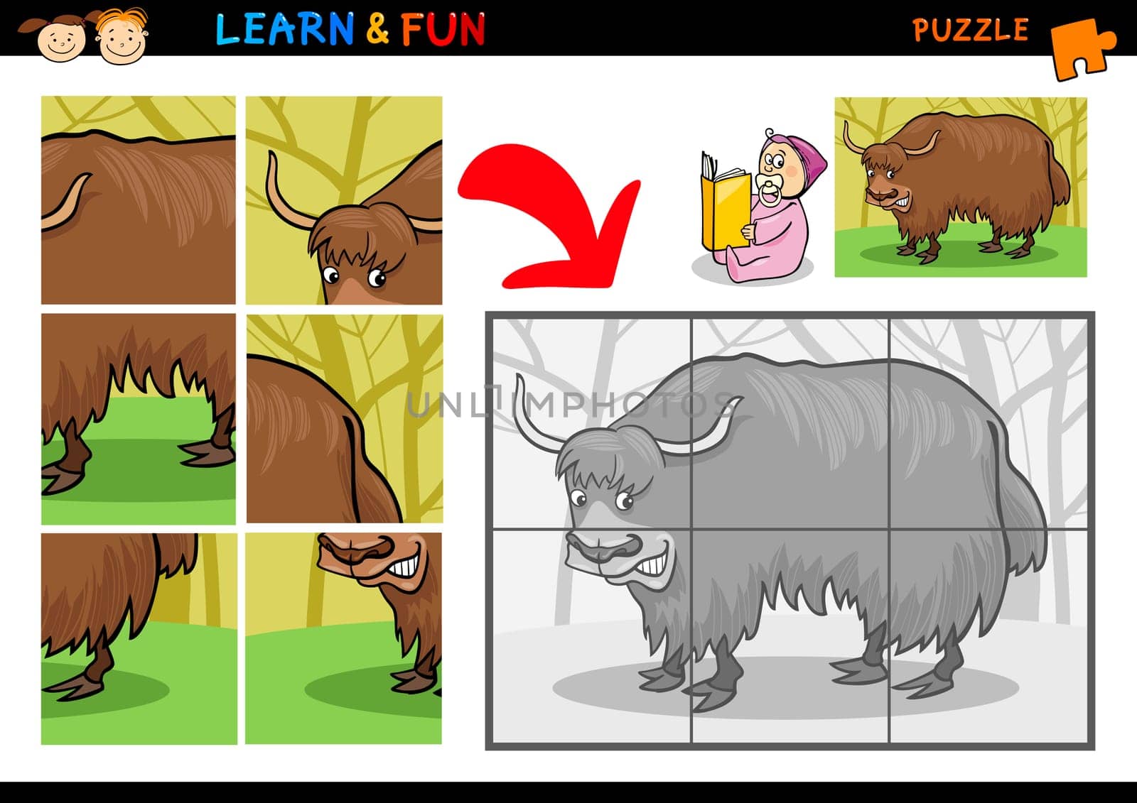 Cartoon Illustration of Education Puzzle Game for Preschool Children with Funny Yak Bull Animal