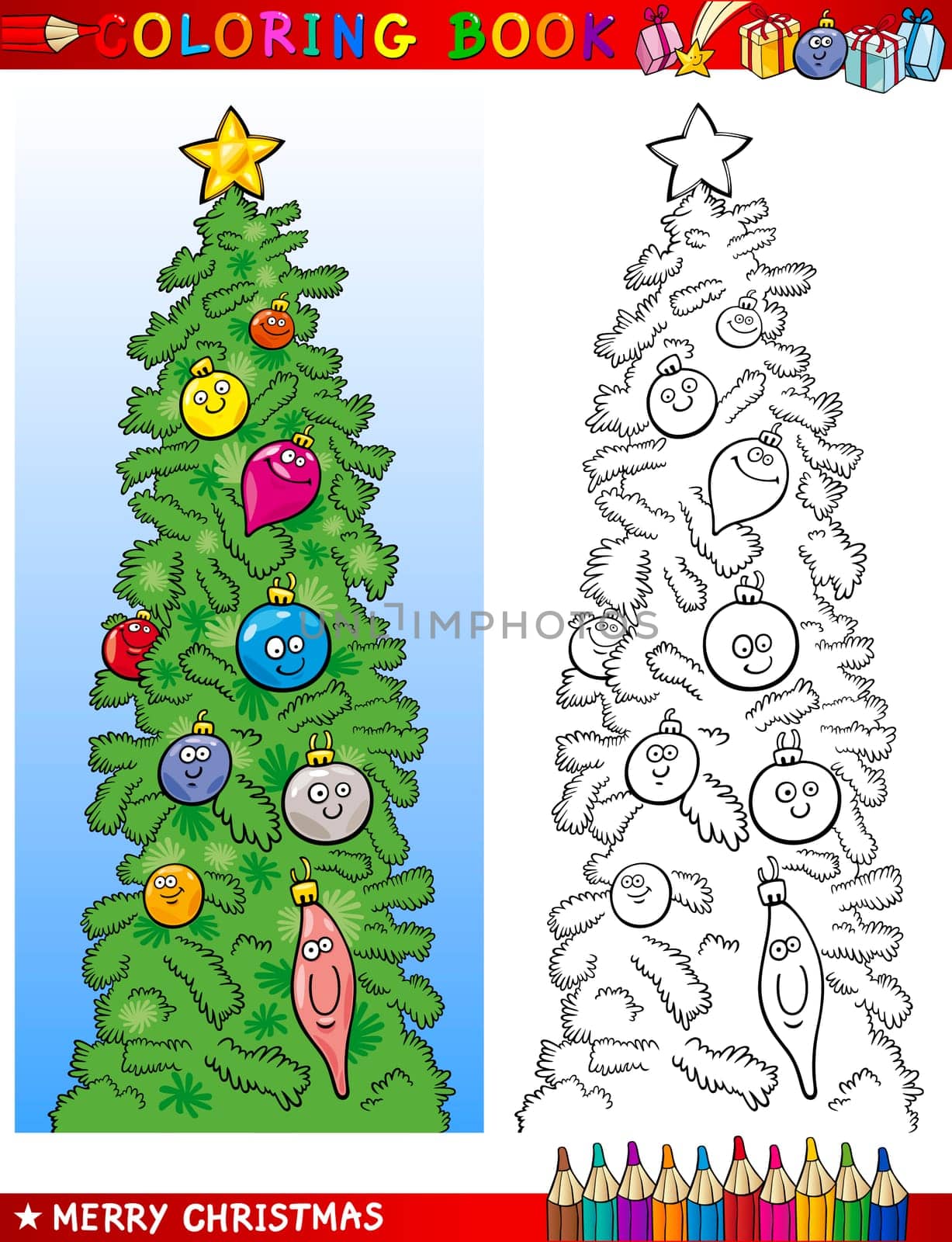 Coloring Book or Page Cartoon Illustration of Funny Christmas Tree