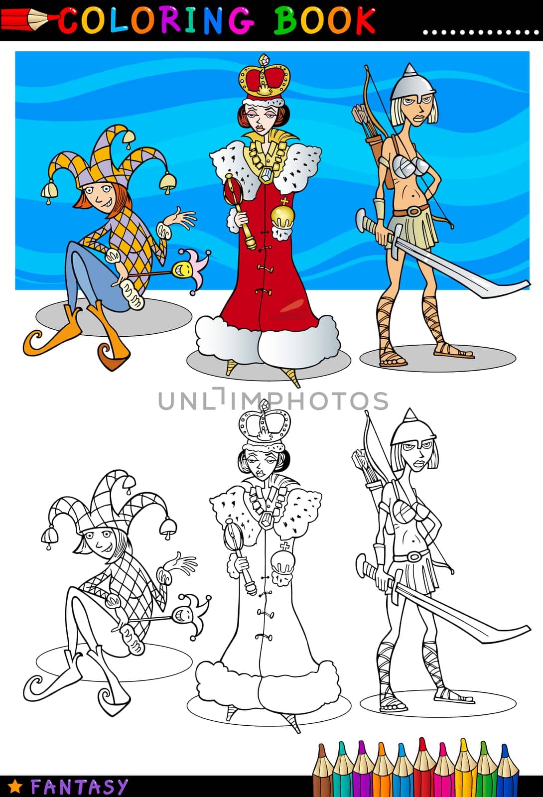 Coloring Book or Page Cartoon Illustration of Queen, Jester and Knight Lady Fairytale Fantasy Characters