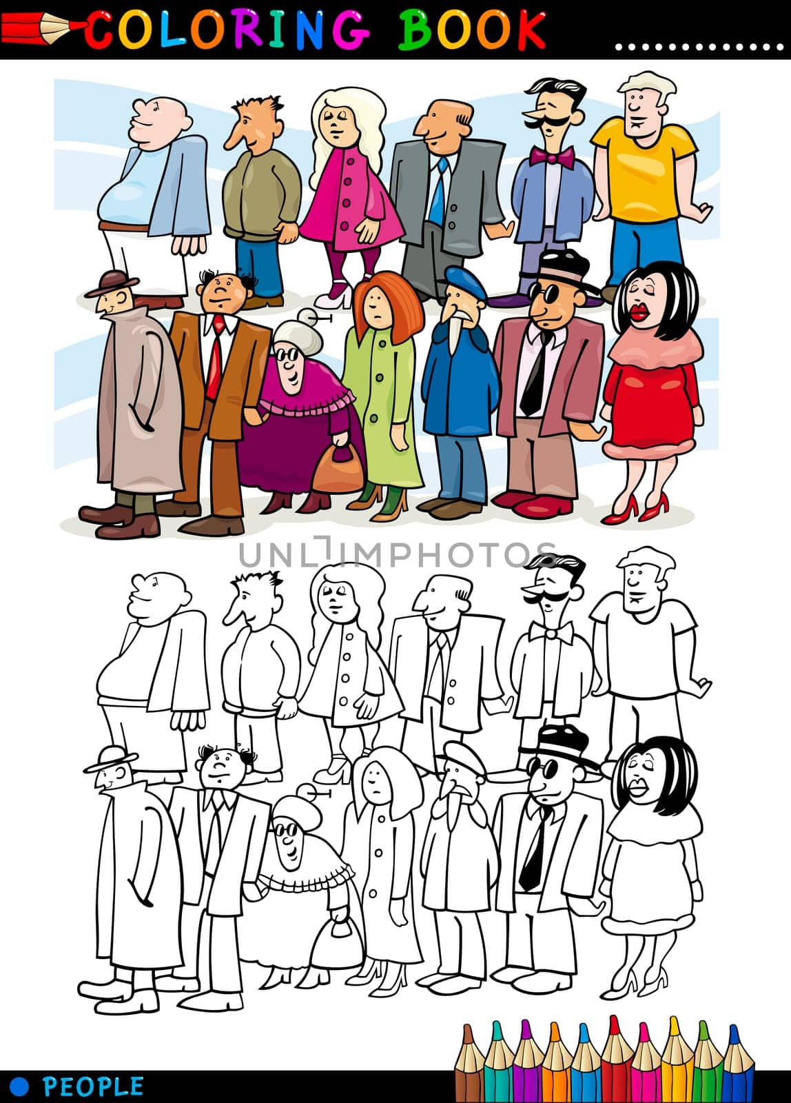 Coloring Book or Page Cartoon Illustration of People Group Staying in Queue