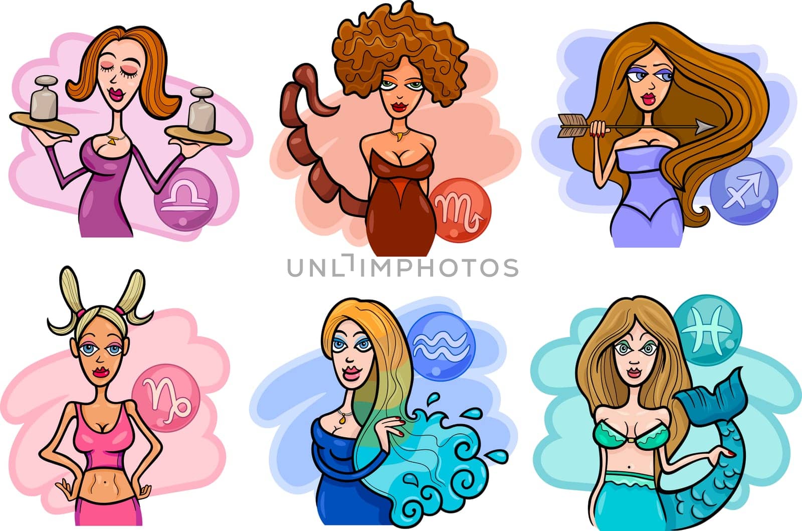 Cartoon Illustration of Horoscope Zodiac Signs with Beautiful Women