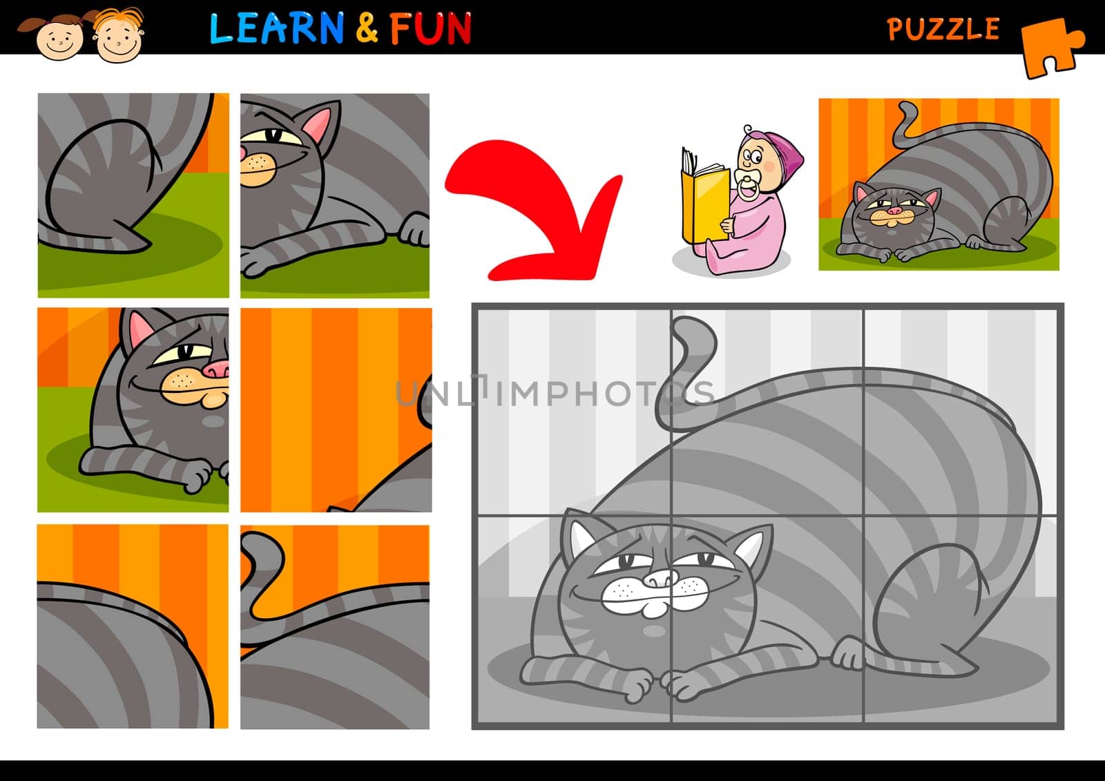 Cartoon Illustration of Education Puzzle Game for Preschool Children with Funny Cat Pet Animal