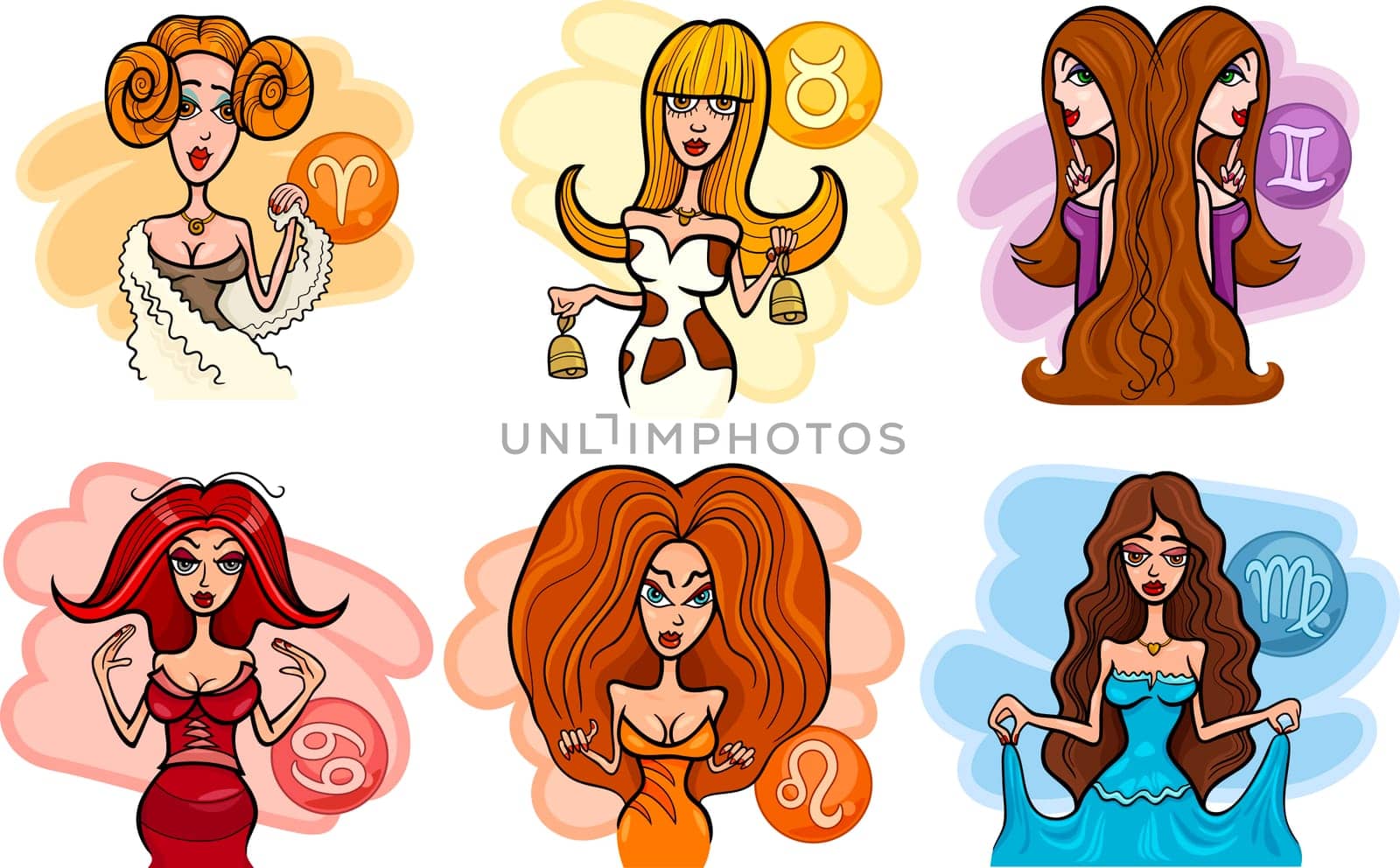 Cartoon Illustration of Horoscope Zodiac Signs with Beautiful Women