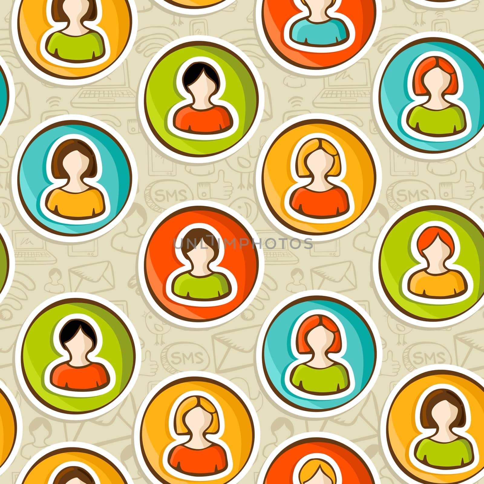 Diversity user people connected to social networks seamless pattern background in sketch style. Vector illustration layered for easy manipulation and custom coloring.
