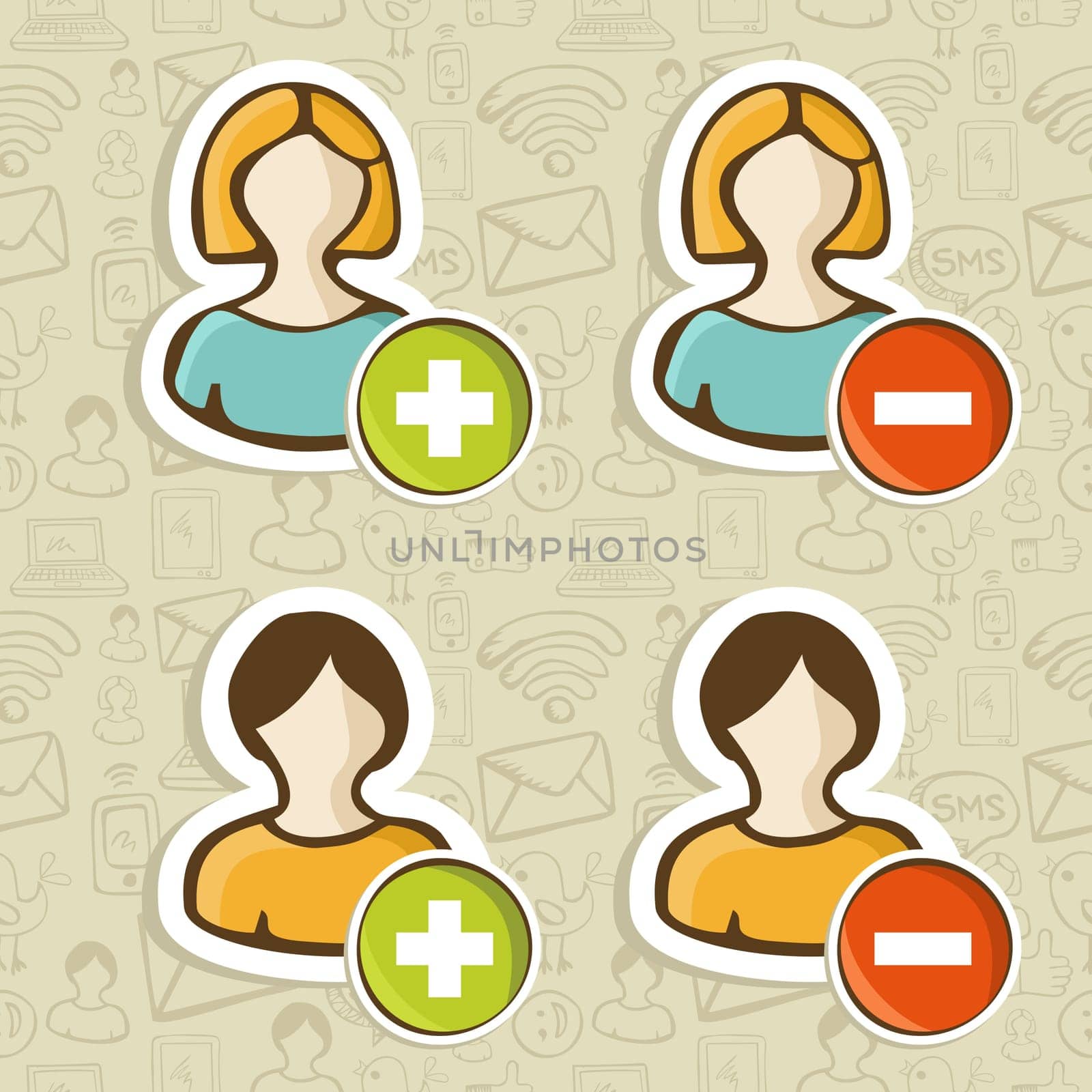 Social networks user icons set with actions button over pattern. Vector illustration layered for easy manipulation and custom coloring.