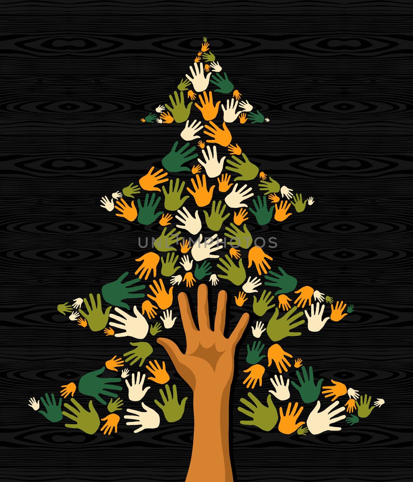 Diversity eco friendly Christmas Tree hands background for greeting card. Vector illustration layered for easy manipulation and custom coloring.