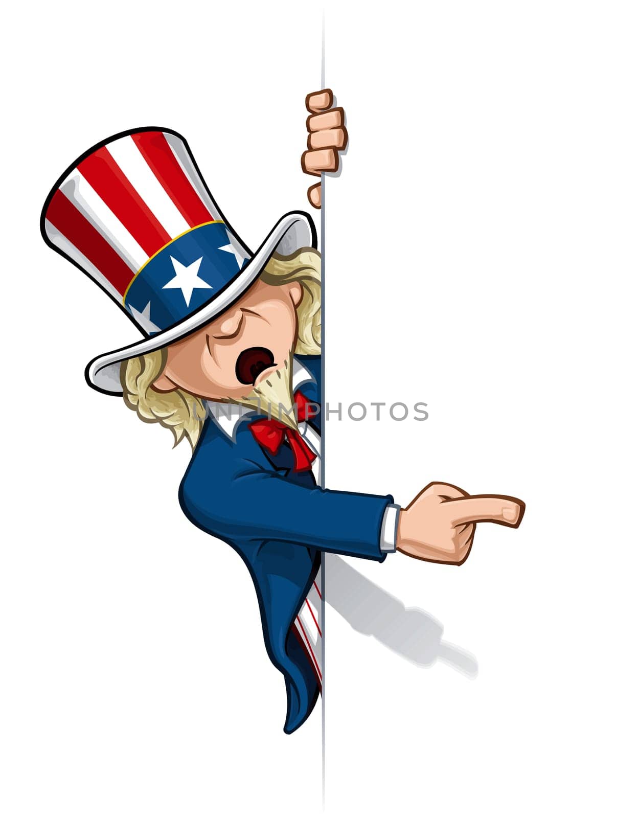 Clean-cut, overview cartoon illustration of Uncle Sam pointing at a surface [waiting to be filled]. 30 Mpxl - Q12 jpeg image with clipping path on the figure.
