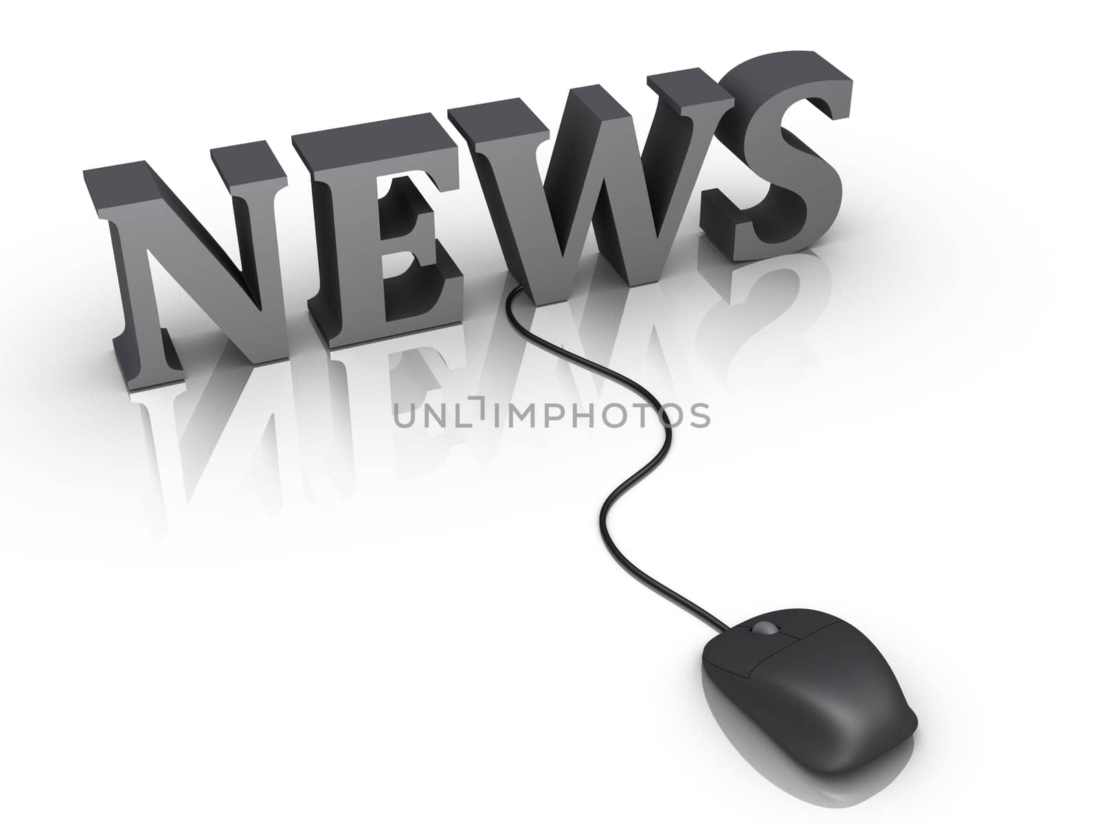 3d news word and a mouse with cable is connected to it