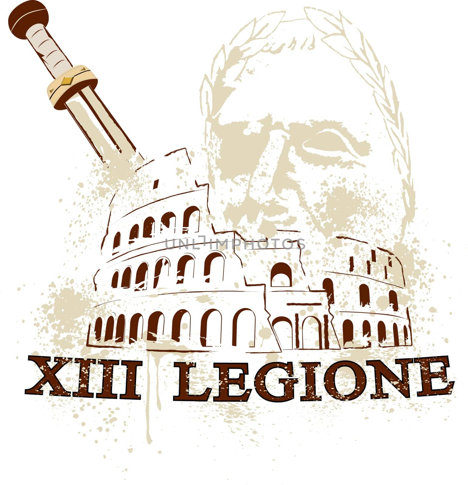 The Colosseum in Rome, the gladius sword of the Romans and cesare commander of the 13 Roman legion