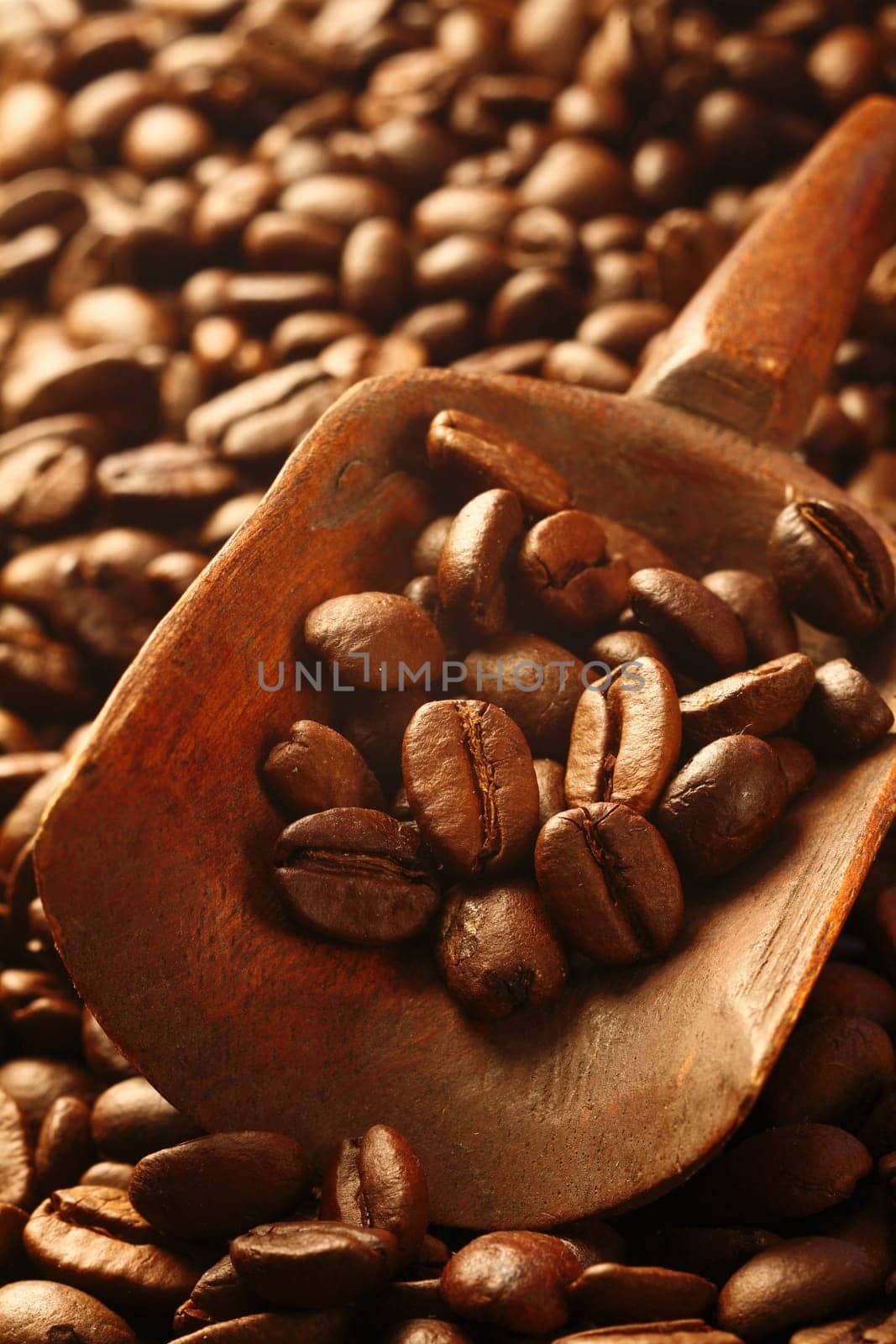 Background of fresh rich brown roasted coffee beans on a wooden scoop , a valuable commodity and agricultural crop, with copyspace