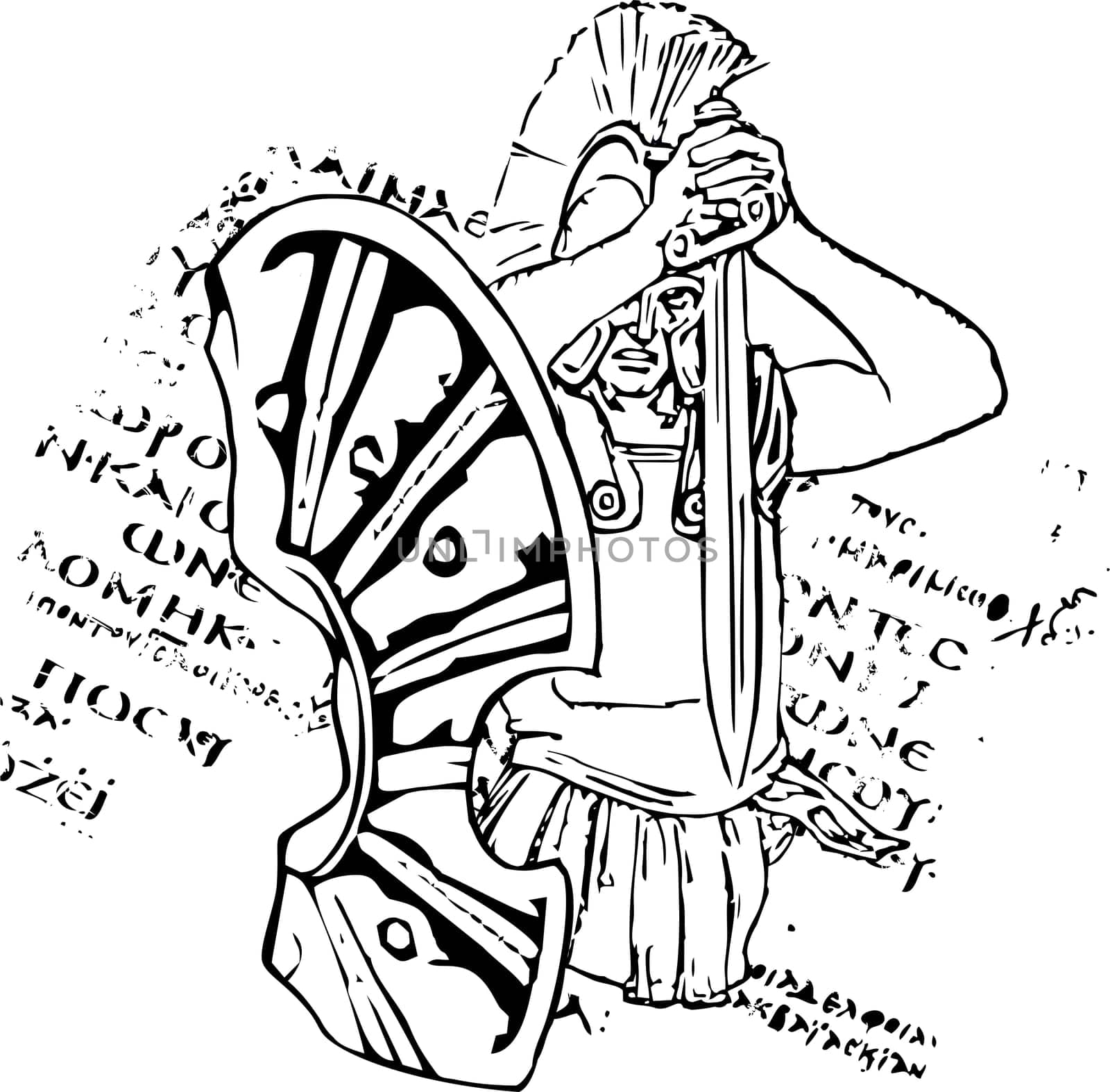 Greek shield of a soldier sparta with the sword. In the background a greek letter.