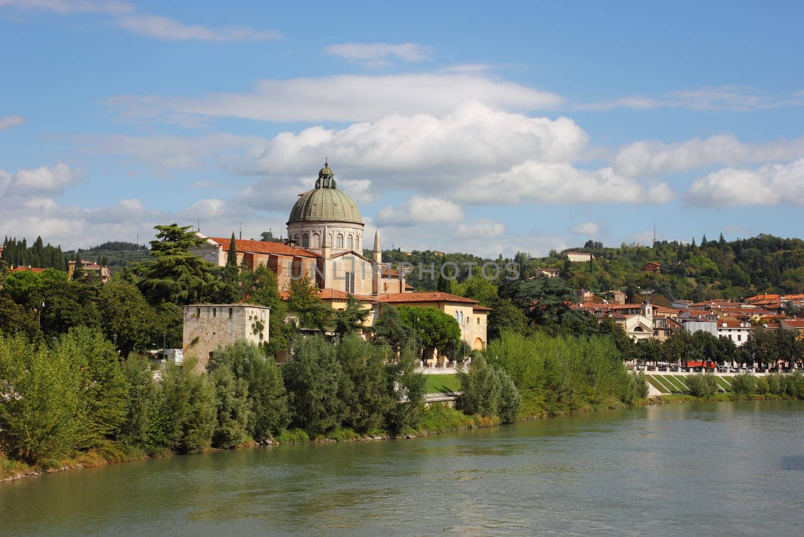 Church San Giorgio in Braida at the bank of River Adige in Verona, Italy.