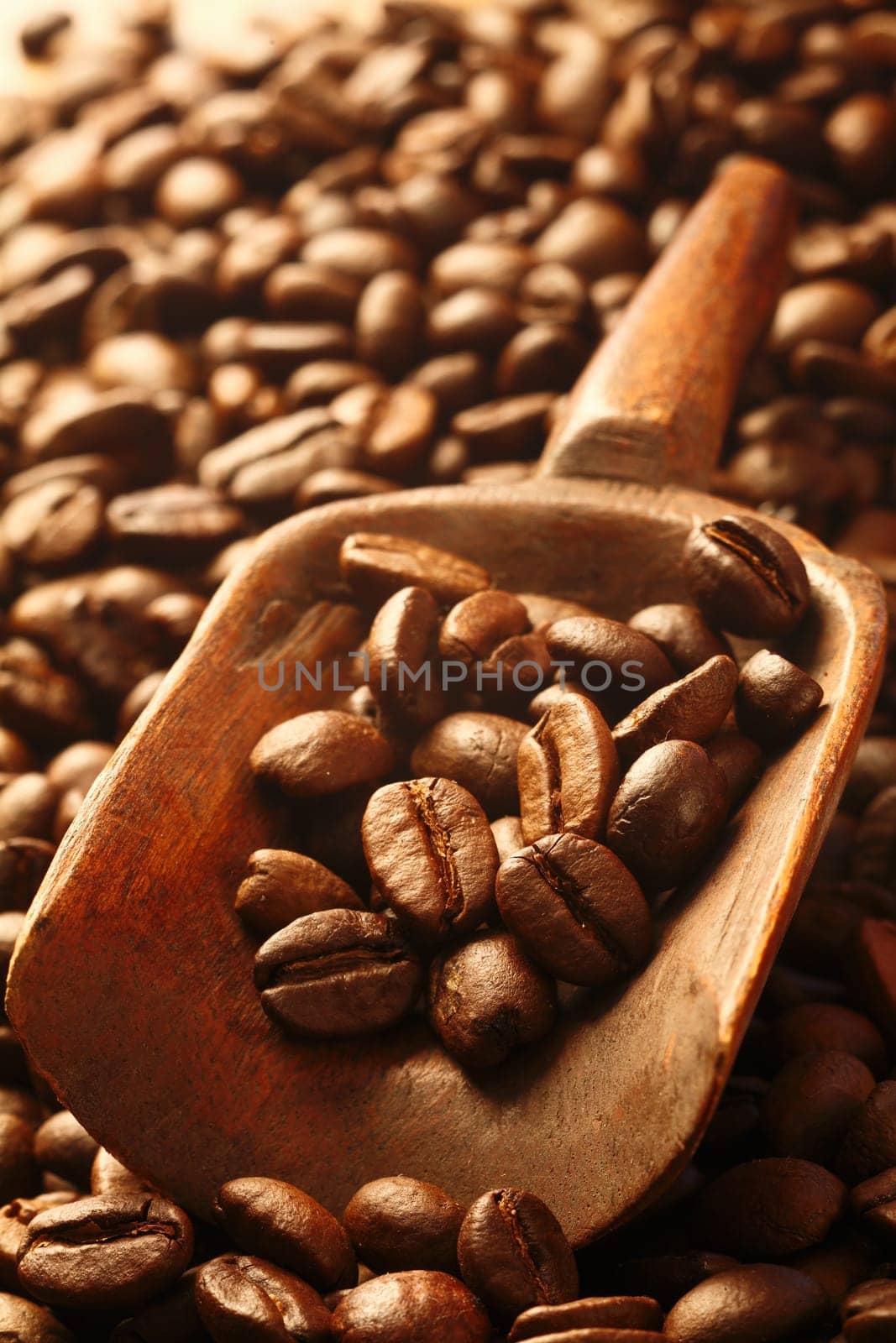 A background of fresh rich, dark coffee beans with a wooden scoop filled with beans