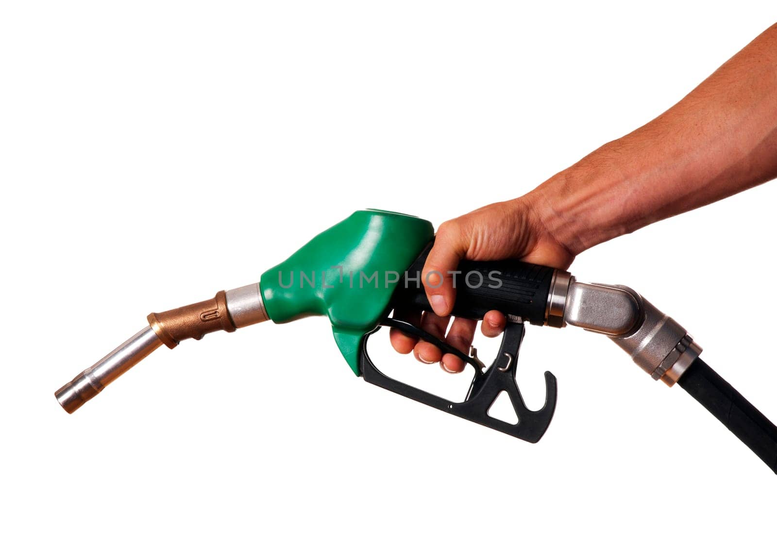 Male hand holding green pump isolated on white