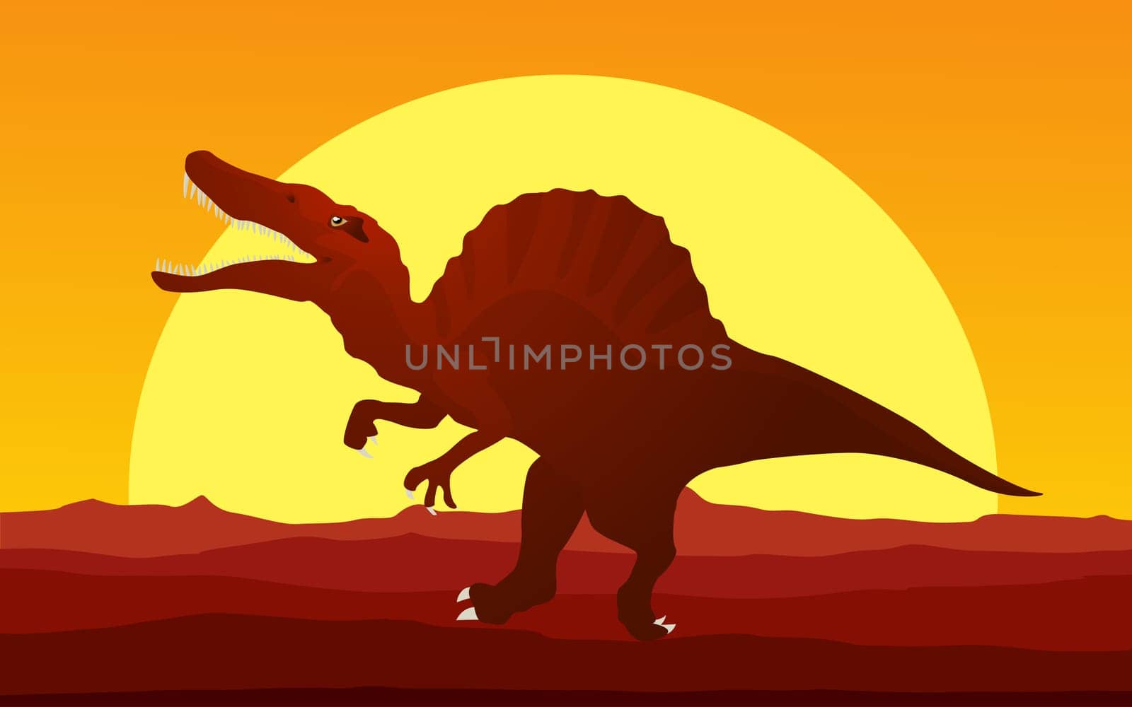 Background cartoon style drawing of a dinosaur in the susnset