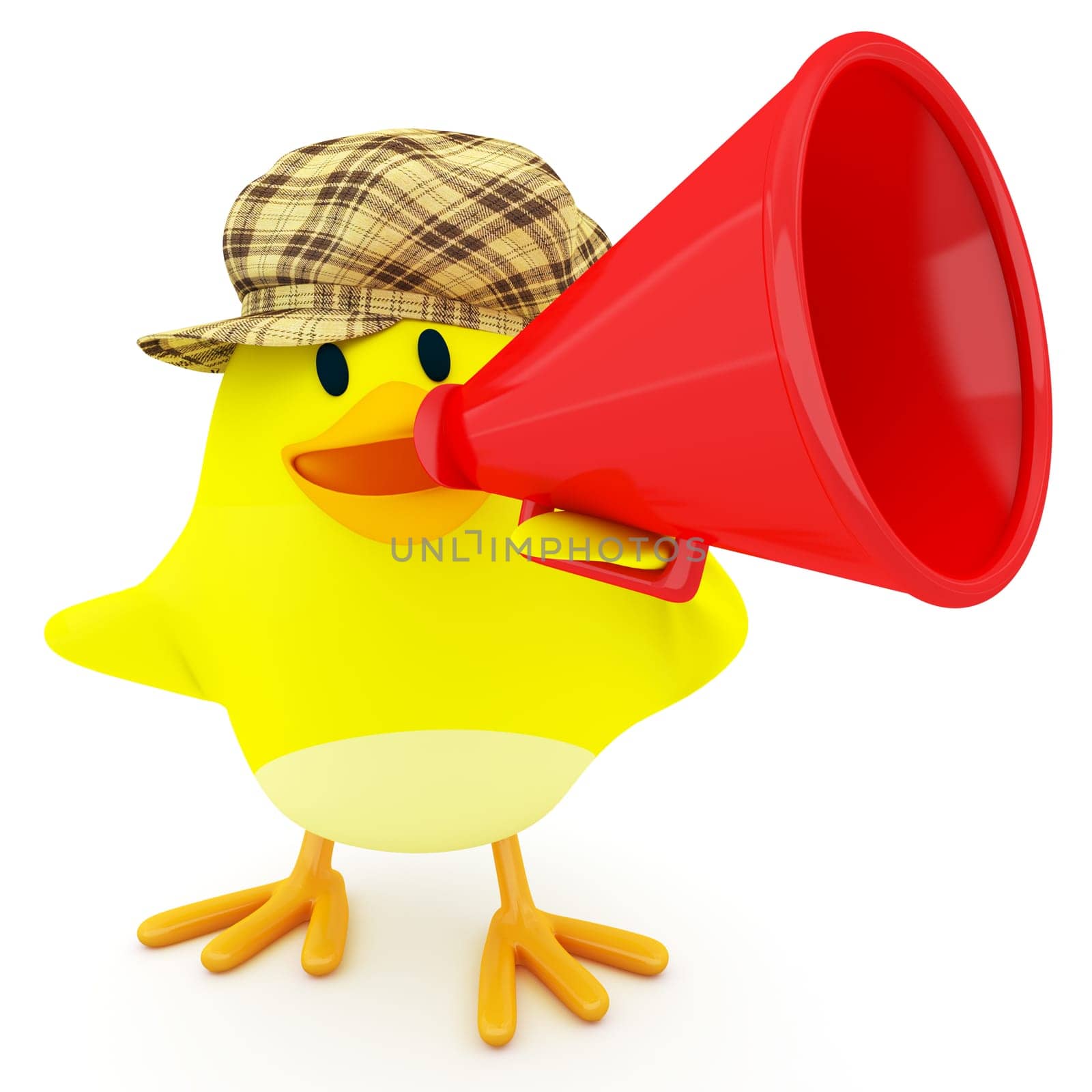 Little chick with a red megaphone - 3d render