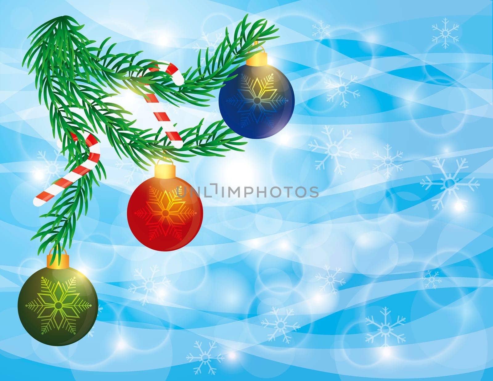 Christmas Tree Garland with Ornaments and Candy Cane on Snowflakes Bokeh Background Illustration