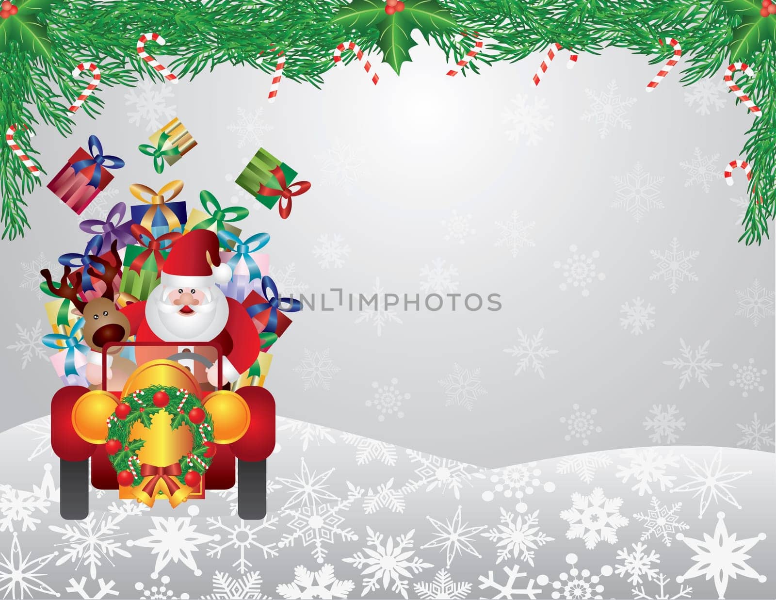 Santa Reindeer Driving Vintage Car with Christmas Wreath and Garland with Candy Cane on Snowflakes Background Illustration