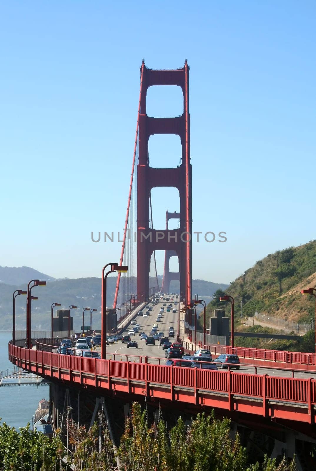 Traffic streams across the Golden Gate Bridge in San Francisco.